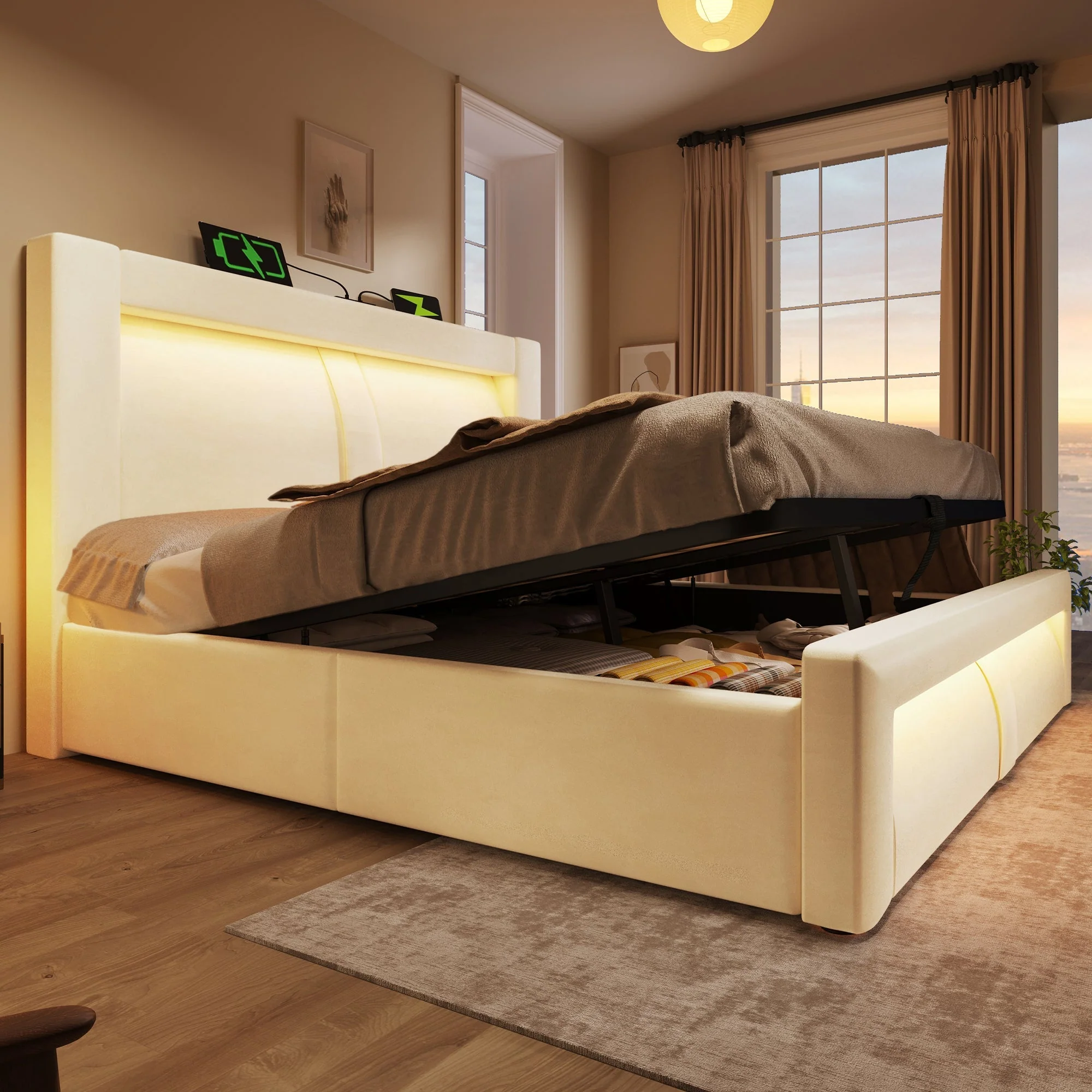 Double Bed 180x200cm Hydraulic Storage LED USB Charging Curved Headboard Beige Velvet - Image 10