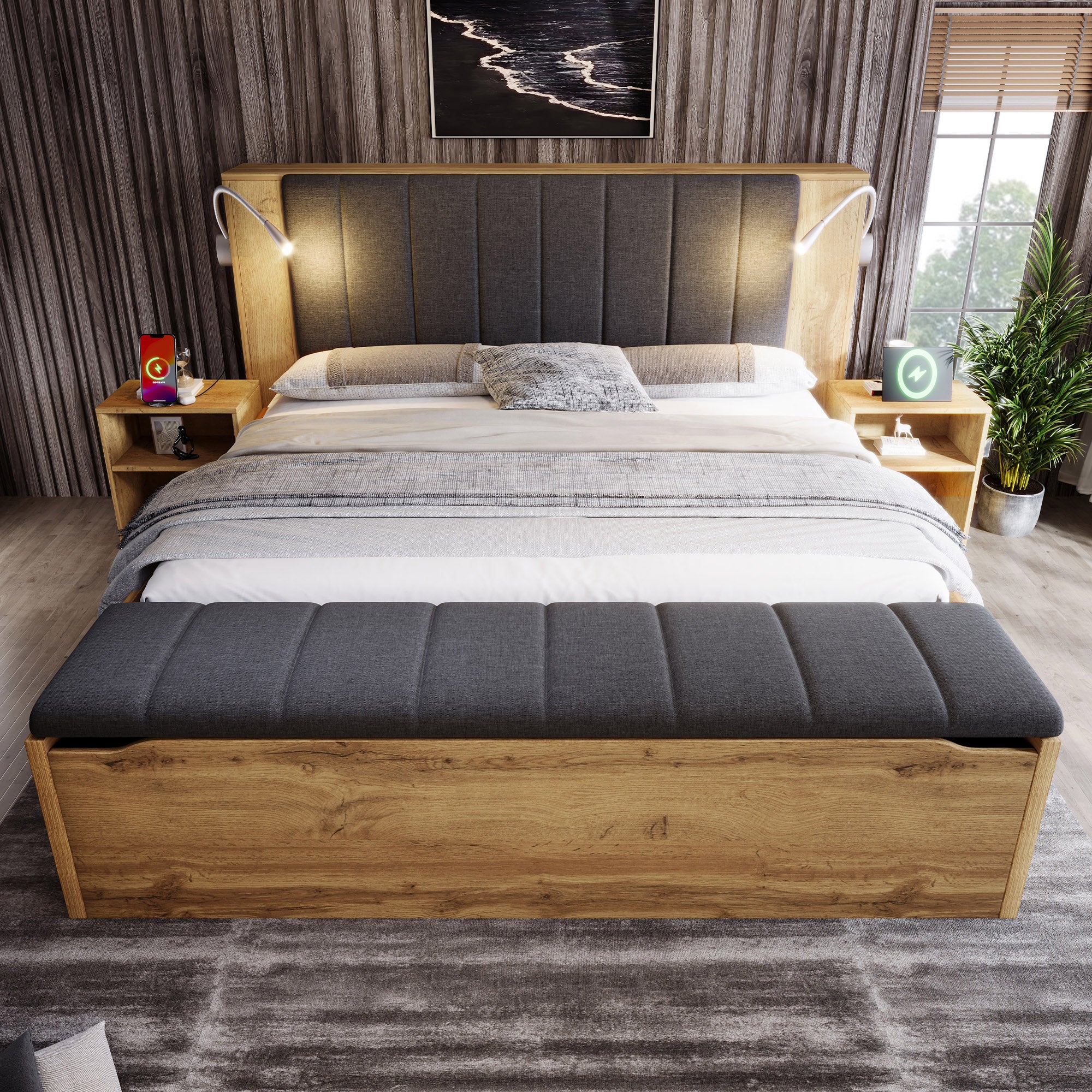 Double Bed 180x200cm with Fold-Down Headboard, Storage, Nightstands, Bed Bench and USB Lamps, Oak Color - Image 6