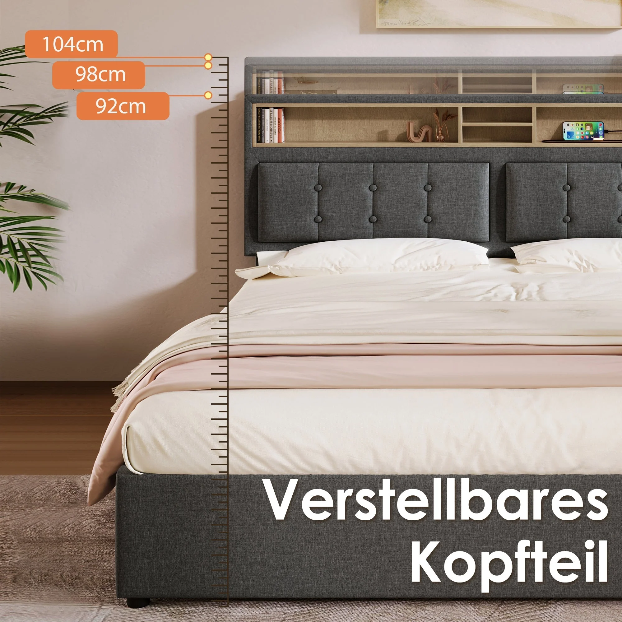 Double Bed, 4 Drawers, USB-C, Adjustable Headboard, Wooden Slats, Upholstered - Image 6