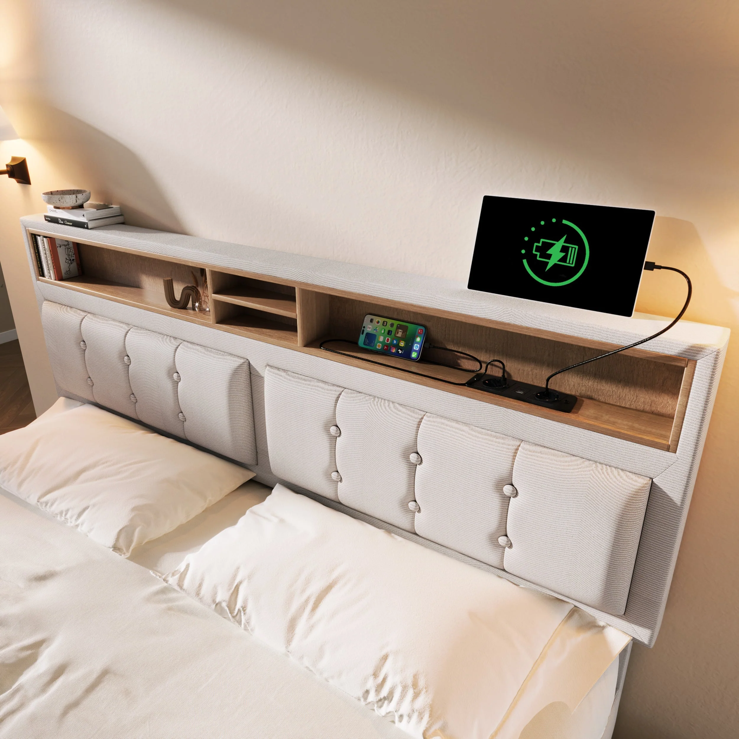 Double Bed 4 Drawers USB C Socket Adjustable Headboard Upholstered 140x200cm - Image 4