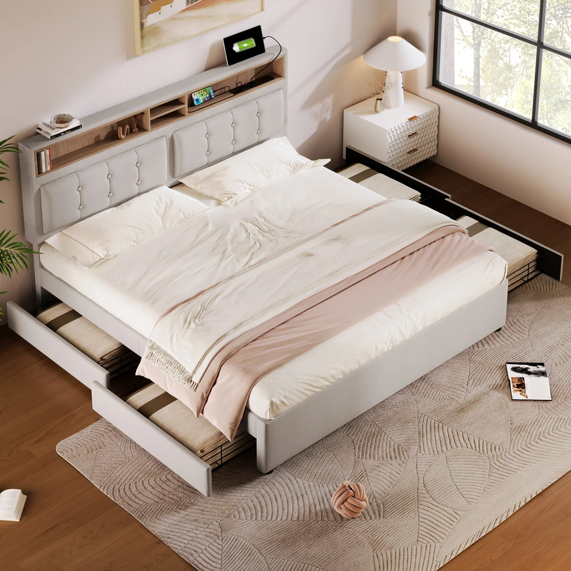 Double Bed, 4 Drawers USB C, Upholstered Adjustable Headboard, Wood - Image 2