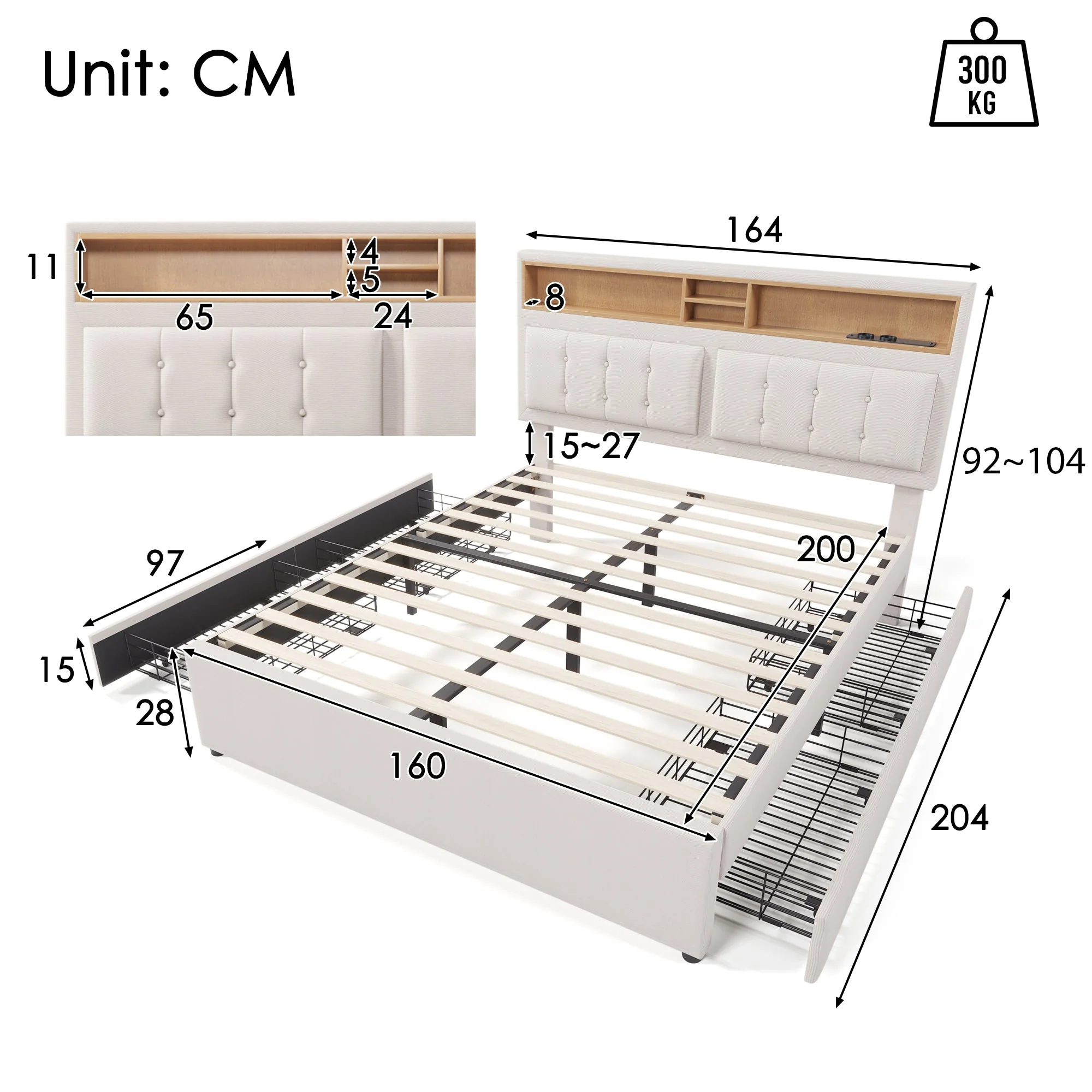 Double Bed, 4 Drawers USB C, Upholstered Adjustable Headboard, Wood - Image 5