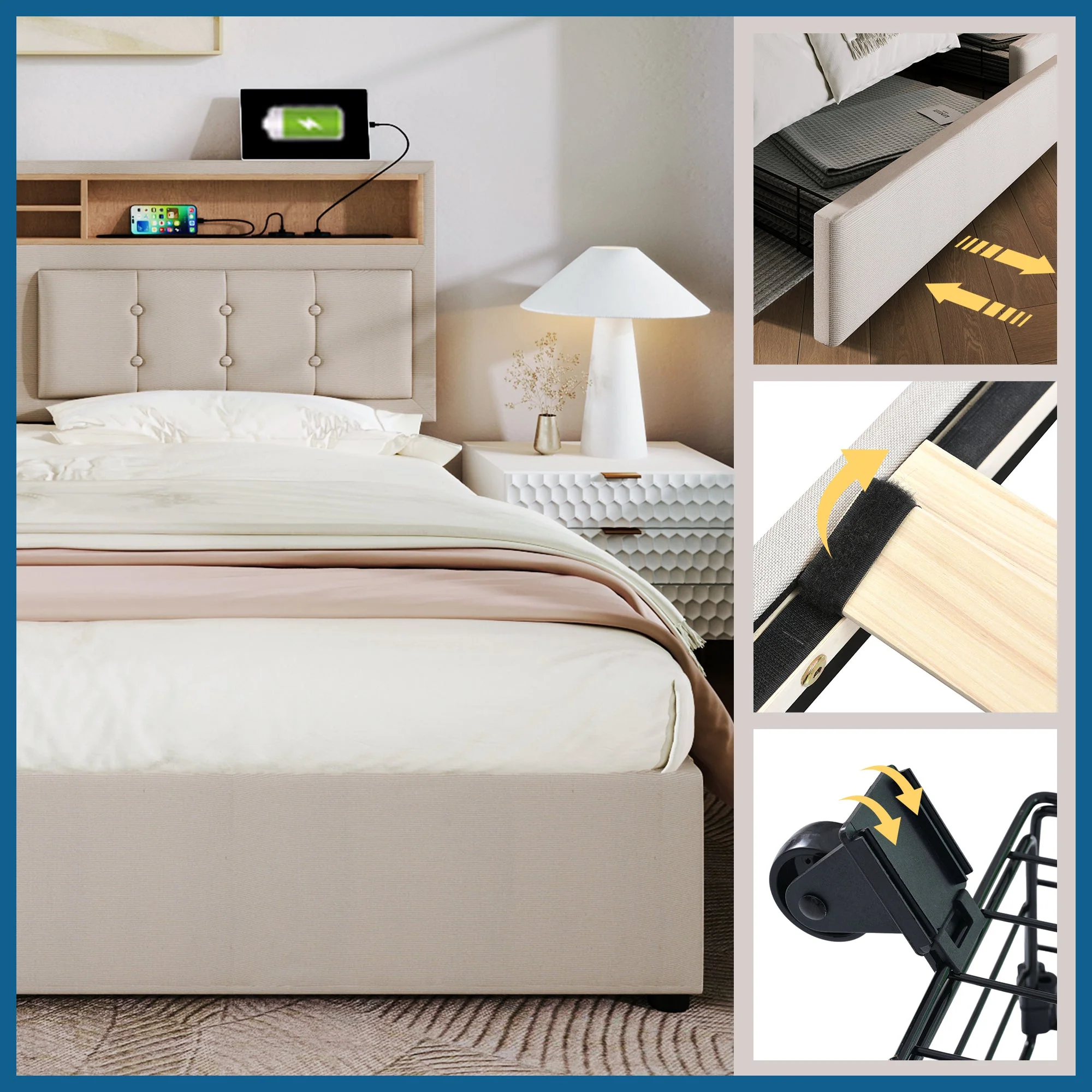 Double Bed, 4 Drawers USB C, Upholstered Adjustable Headboard, Wood - Image 7