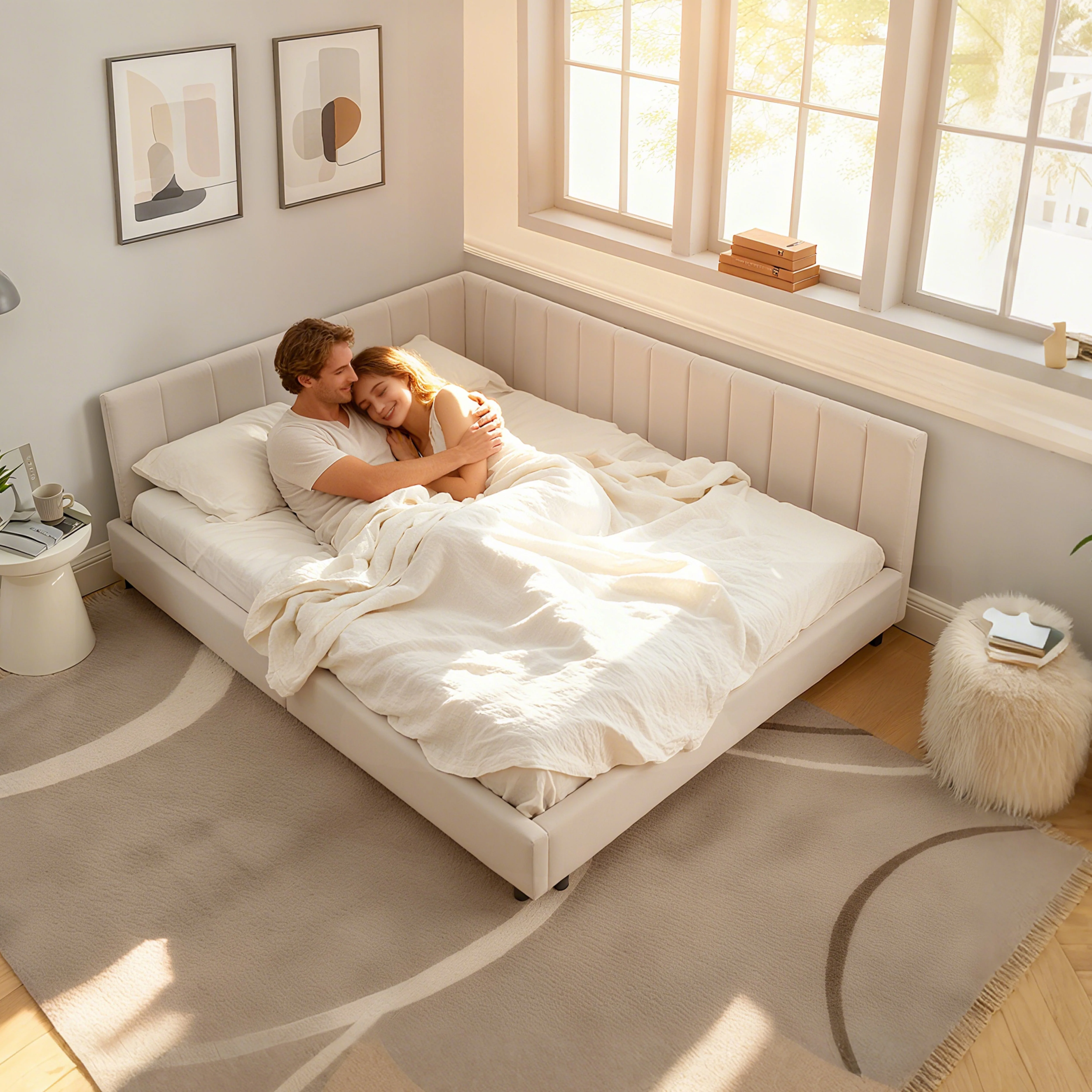 Double Bed High Backrest 160x200cm, Velvet Beige - Image 3