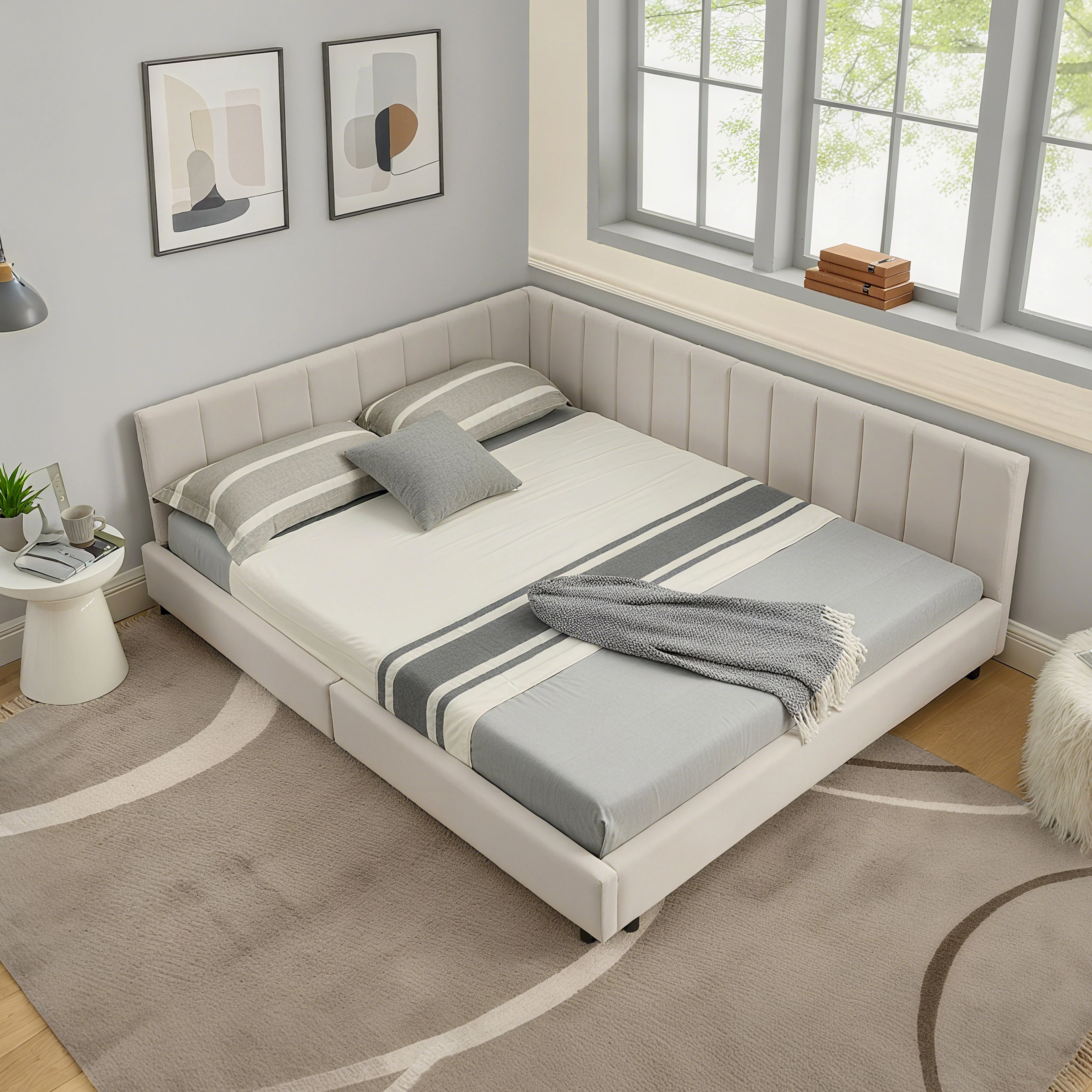 Double Bed High Backrest 160x200cm, Velvet Beige - Image 5