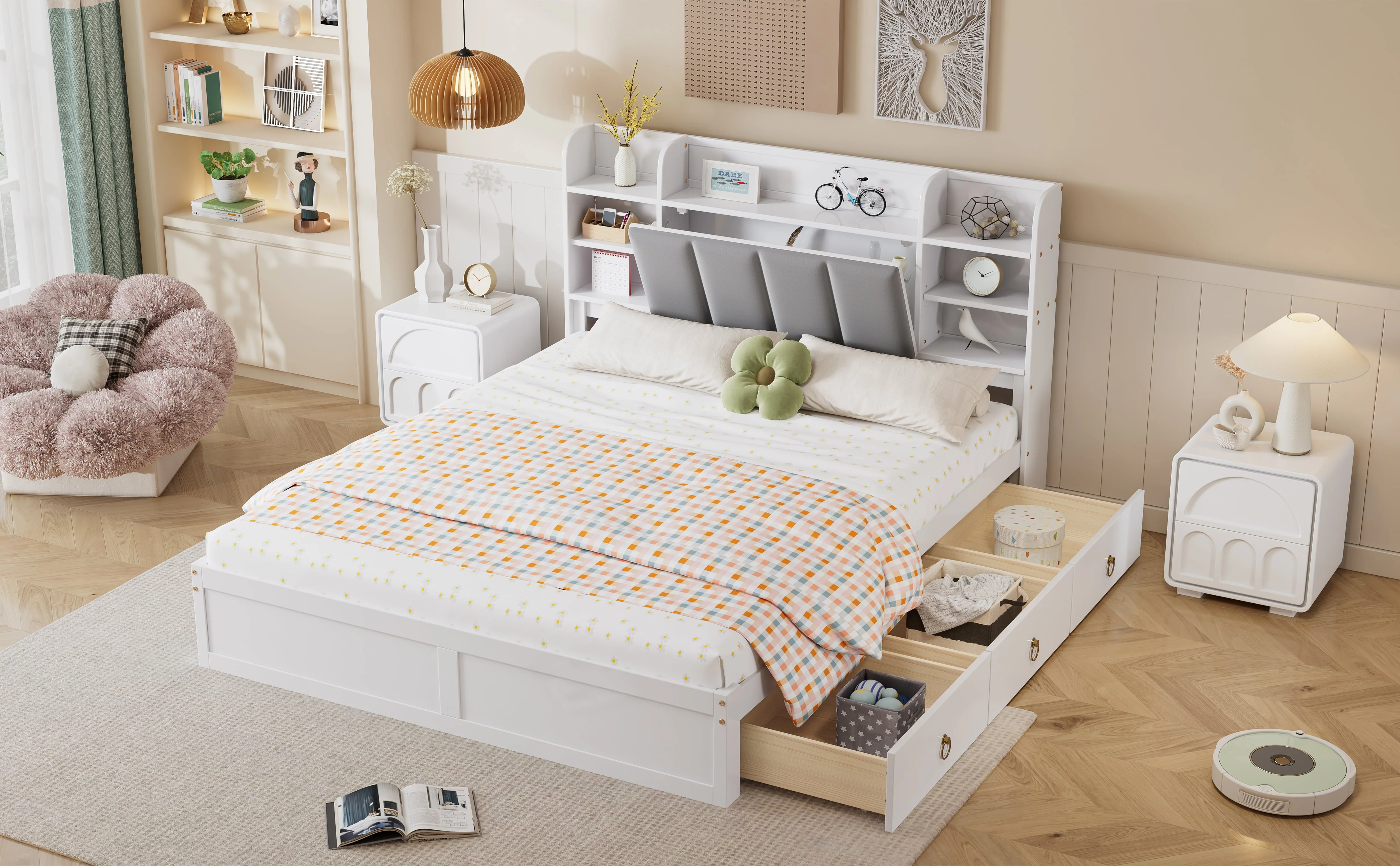 Double Bed, Open Shelf, 3 Drawers, Pine Frame, White+Grey - Image 10