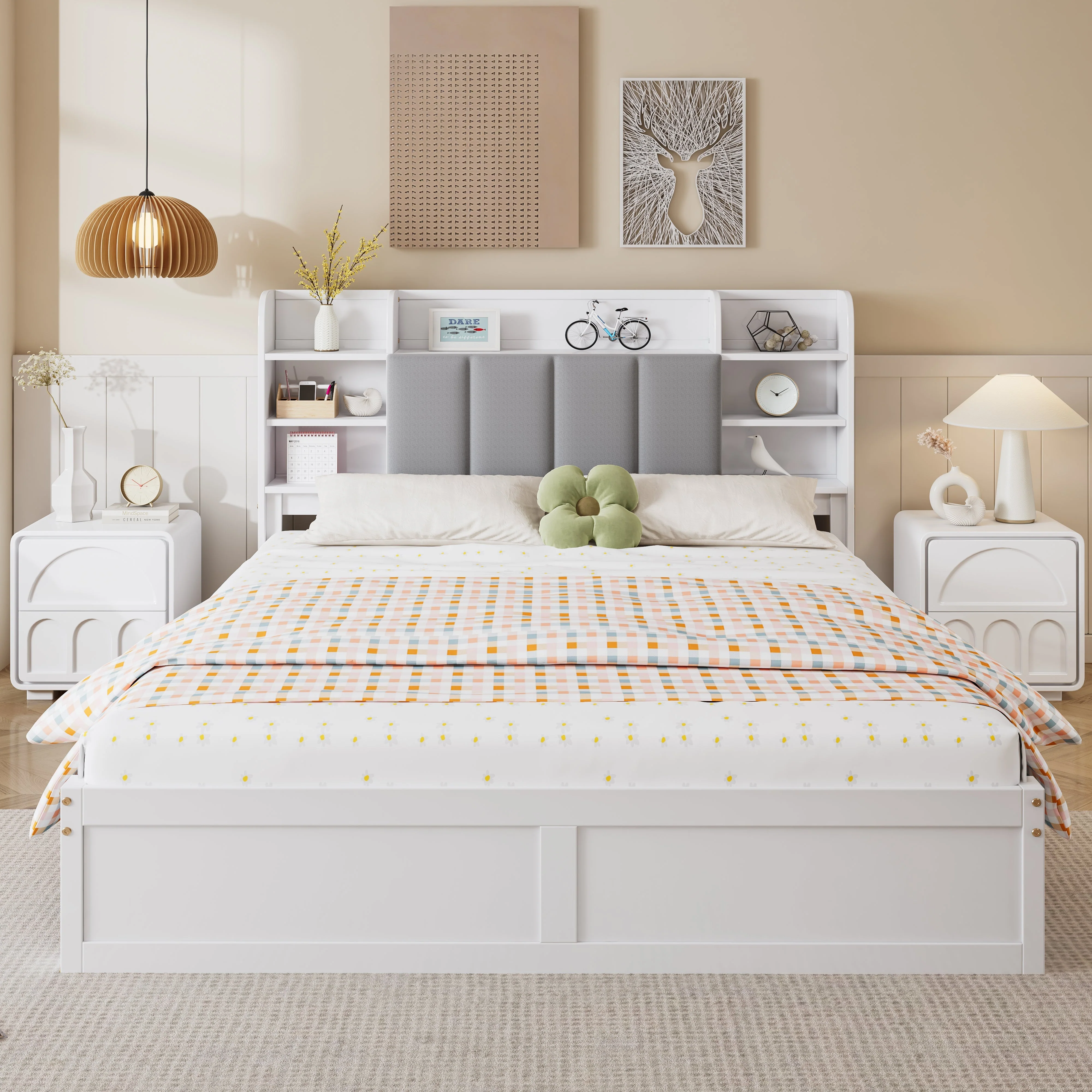 Double Bed, Open Shelf, 3 Drawers, Pine Frame, White+Grey - Image 3