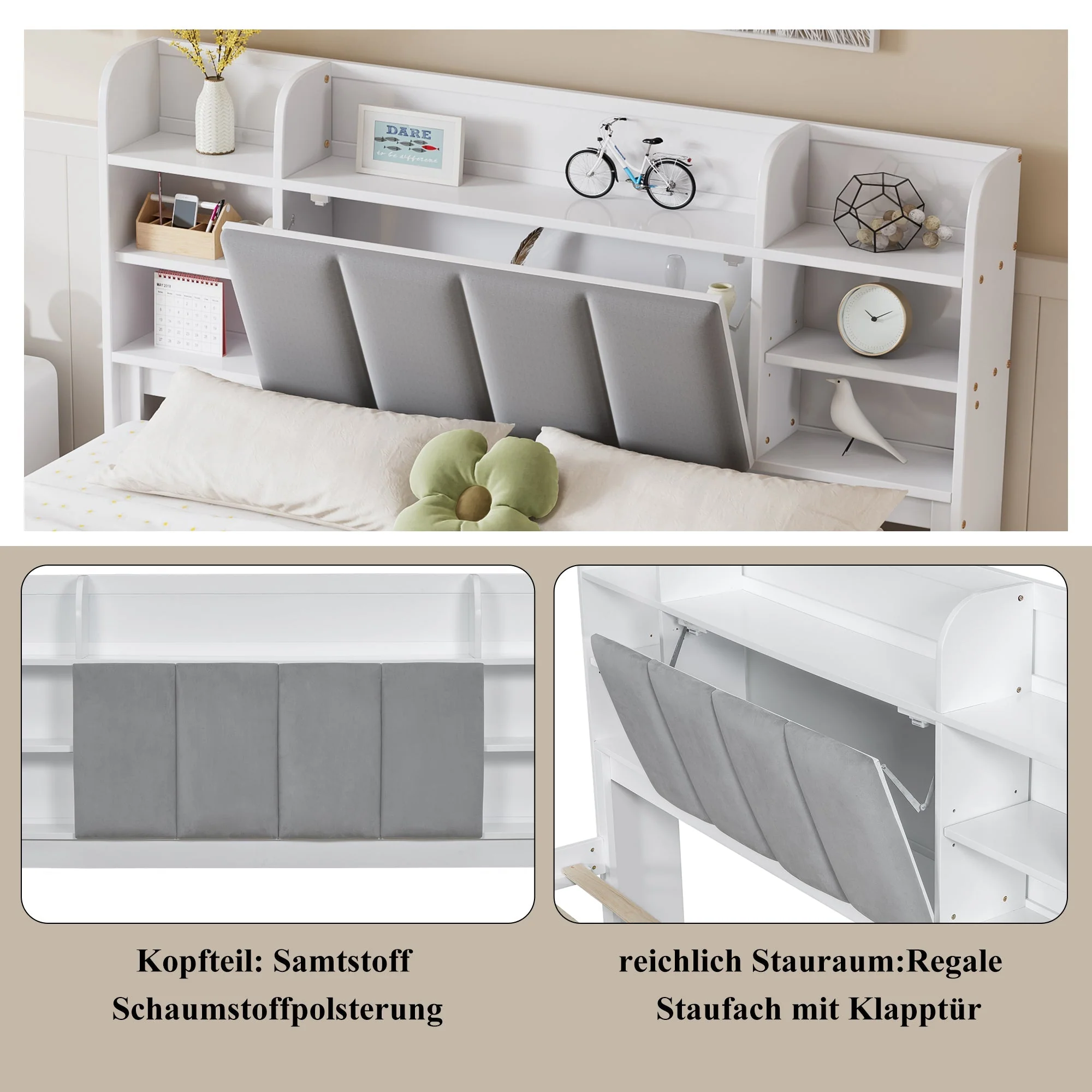 Double Bed, Open Shelf, 3 Drawers, Pine Frame, White+Grey - Image 5