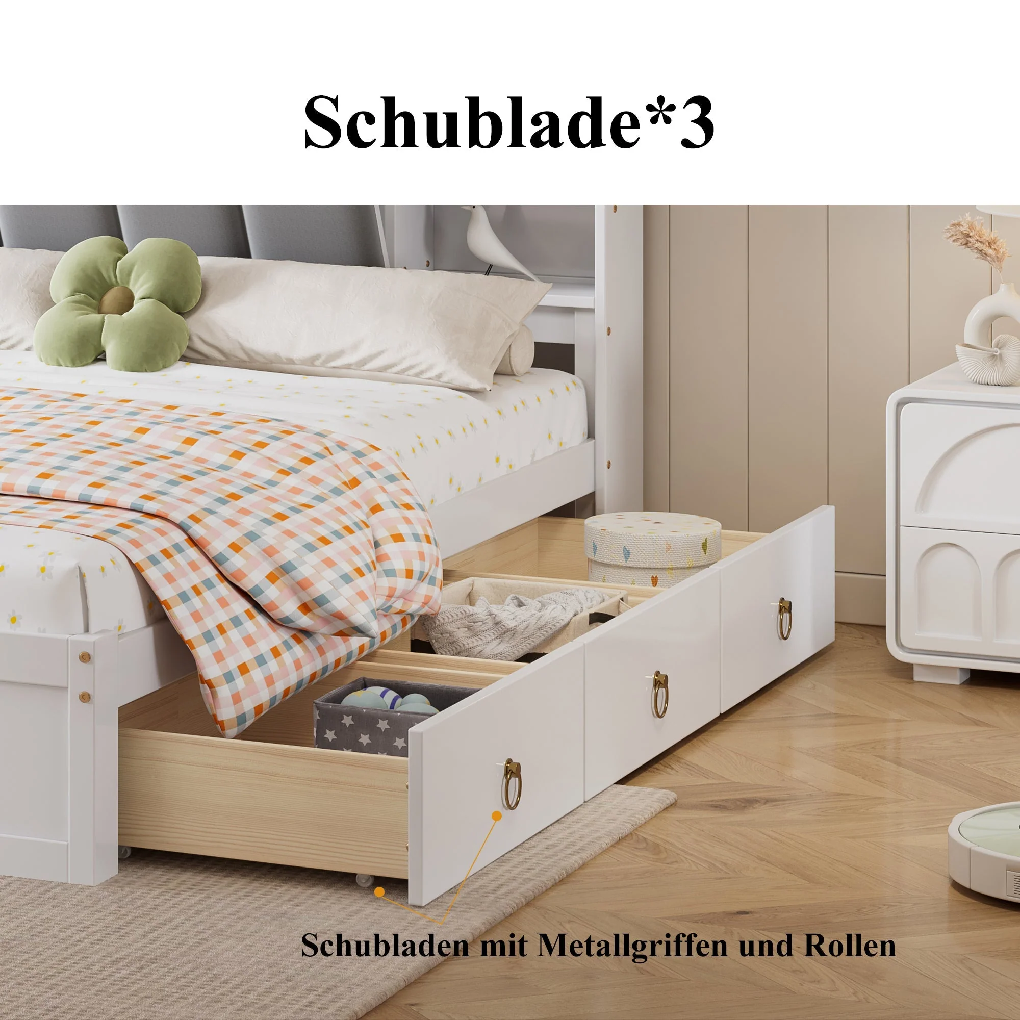 Double Bed, Open Shelf, 3 Drawers, Pine Frame, White+Grey - Image 6