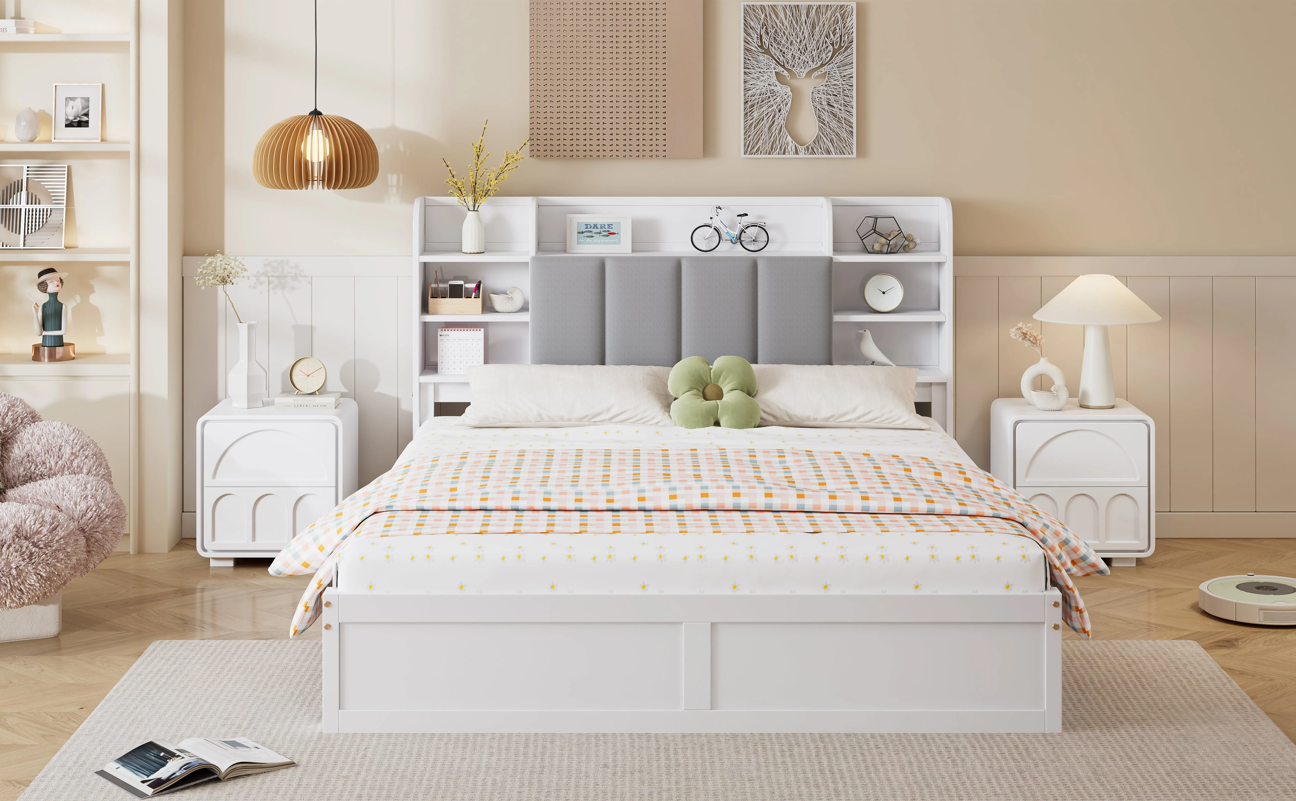 Double Bed, Open Shelf, 3 Drawers, Pine Frame, White+Grey - Image 8