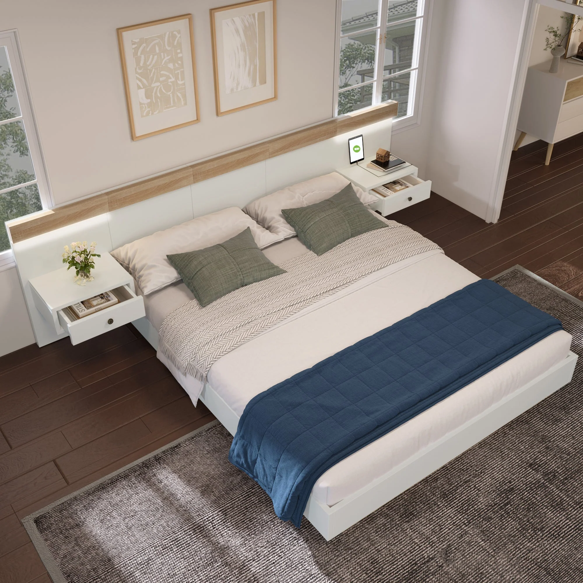 Double Bed Set, 160x200 cm, 2 LED Nightstands & USB C Socket, Wooden, Sonoma Oak/White - Image 3