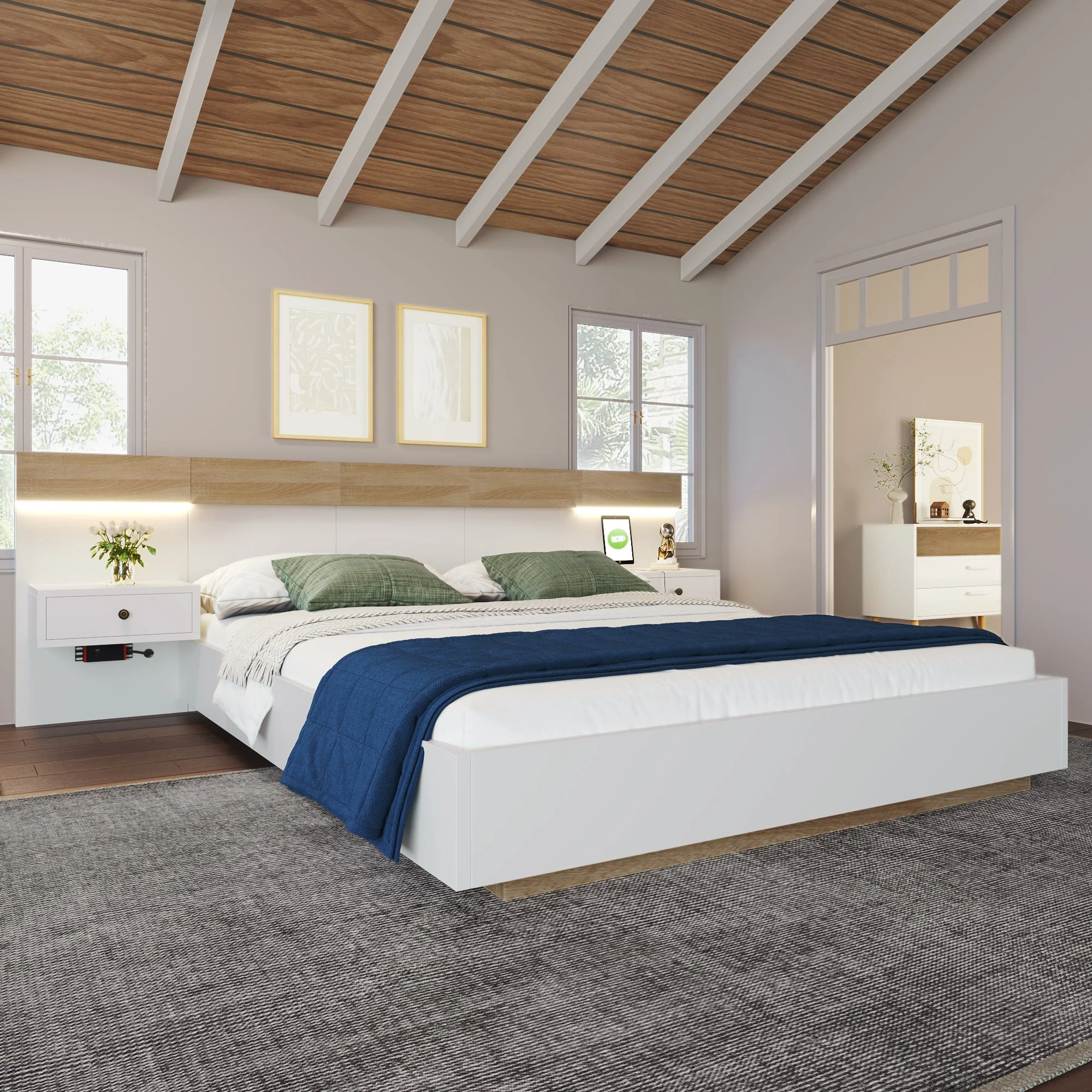 Double Bed Set with 2 LED Nightstands & USB C Socket, 180 x 200 cm, Sonoma Oak/White Wood - Image 2