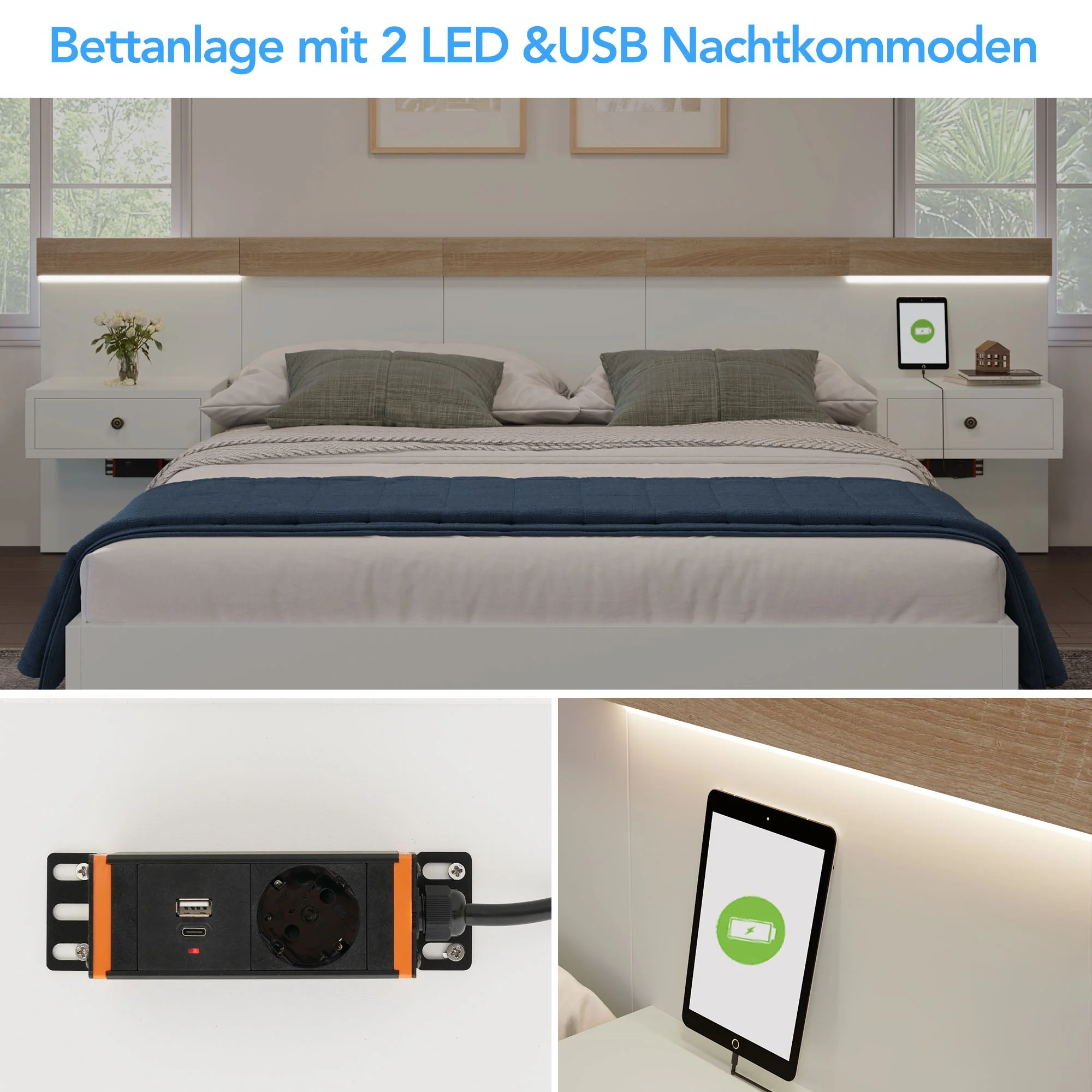 Double Bed Set with 2 LED Nightstands & USB C Socket, 180 x 200 cm, Sonoma Oak/White Wood - Image 4