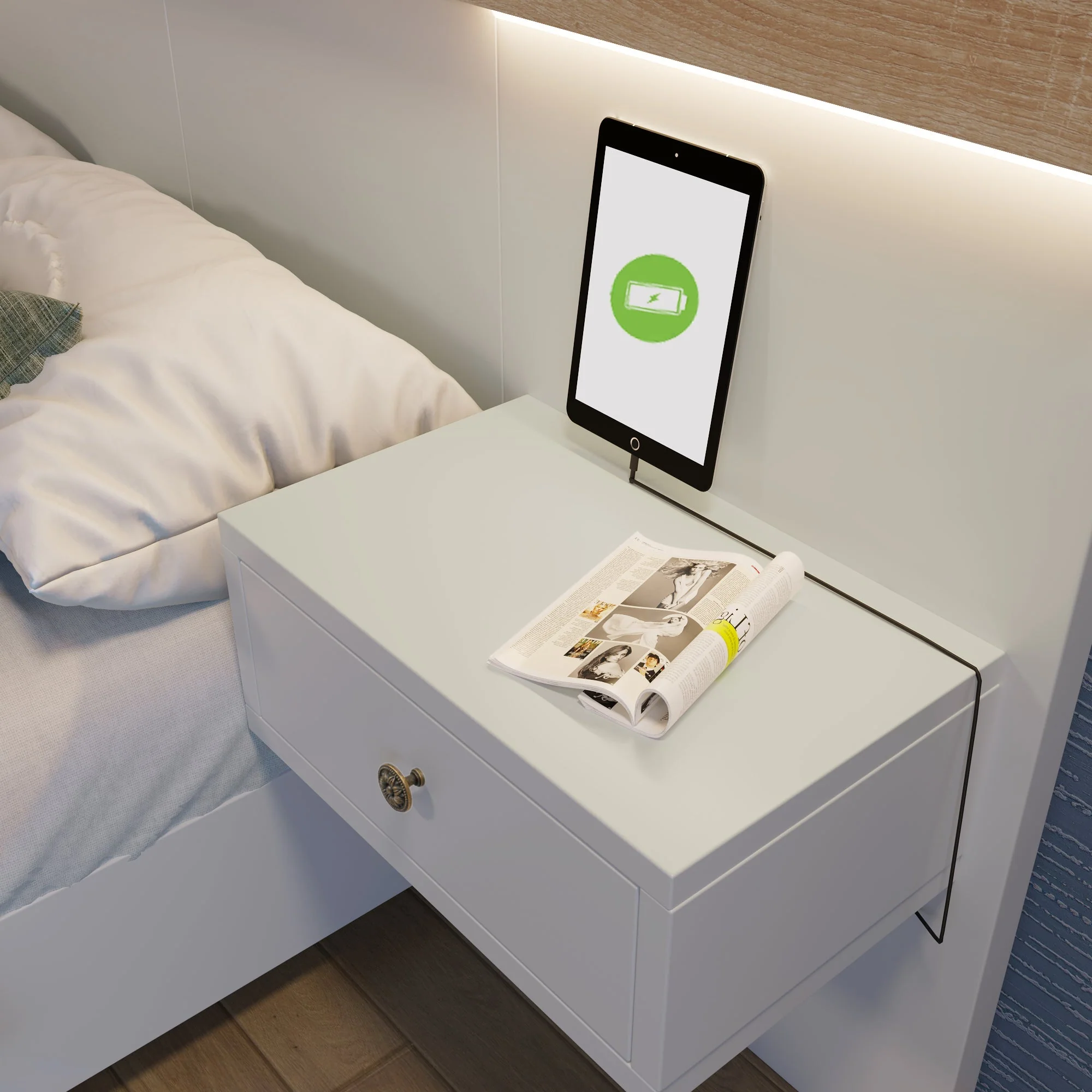 Double Bed Set with 2 LED Nightstands & USB C Socket, 180 x 200 cm, Sonoma Oak/White Wood - Image 5