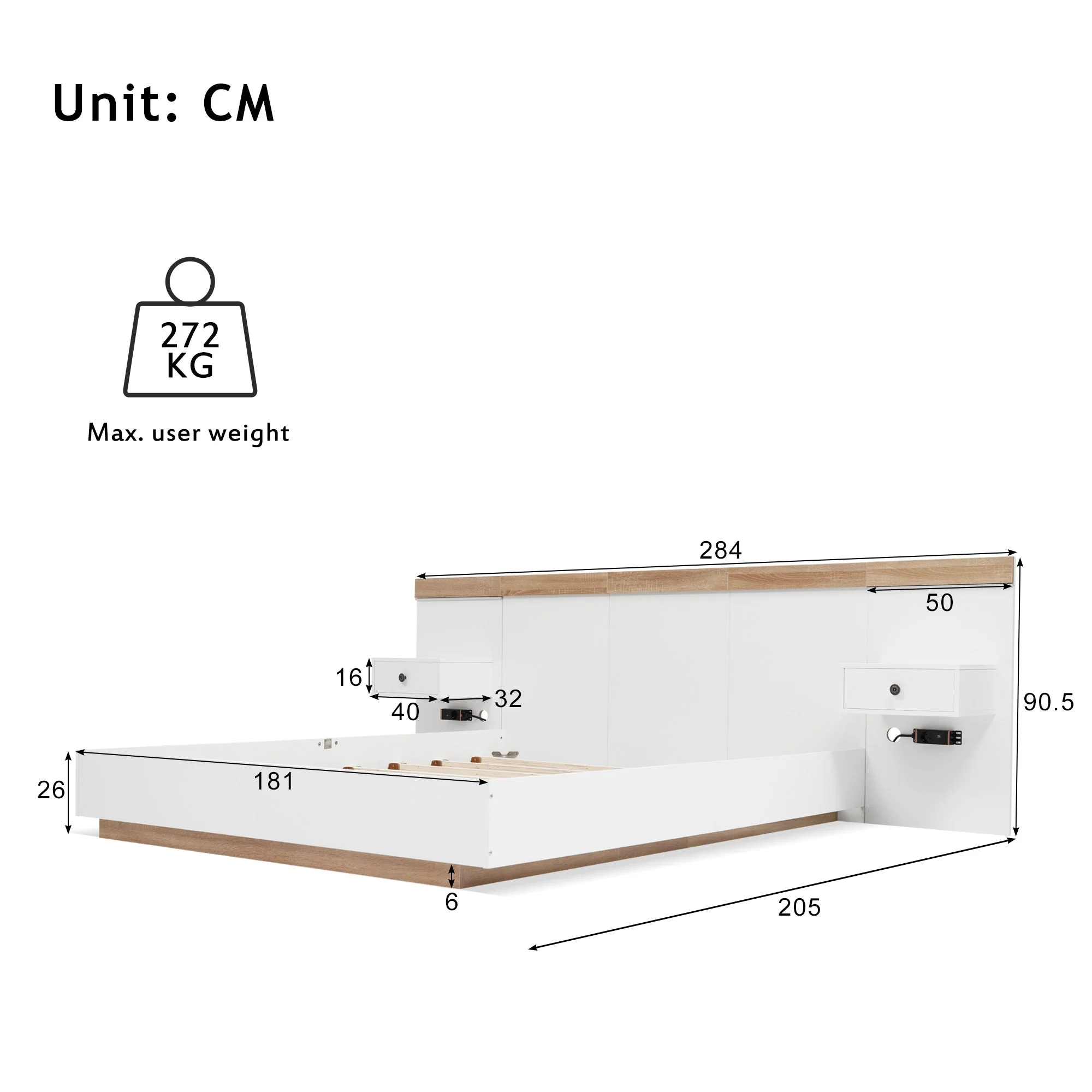 Double Bed Set with 2 LED Nightstands & USB C Socket, 180 x 200 cm, Sonoma Oak/White Wood - Image 8