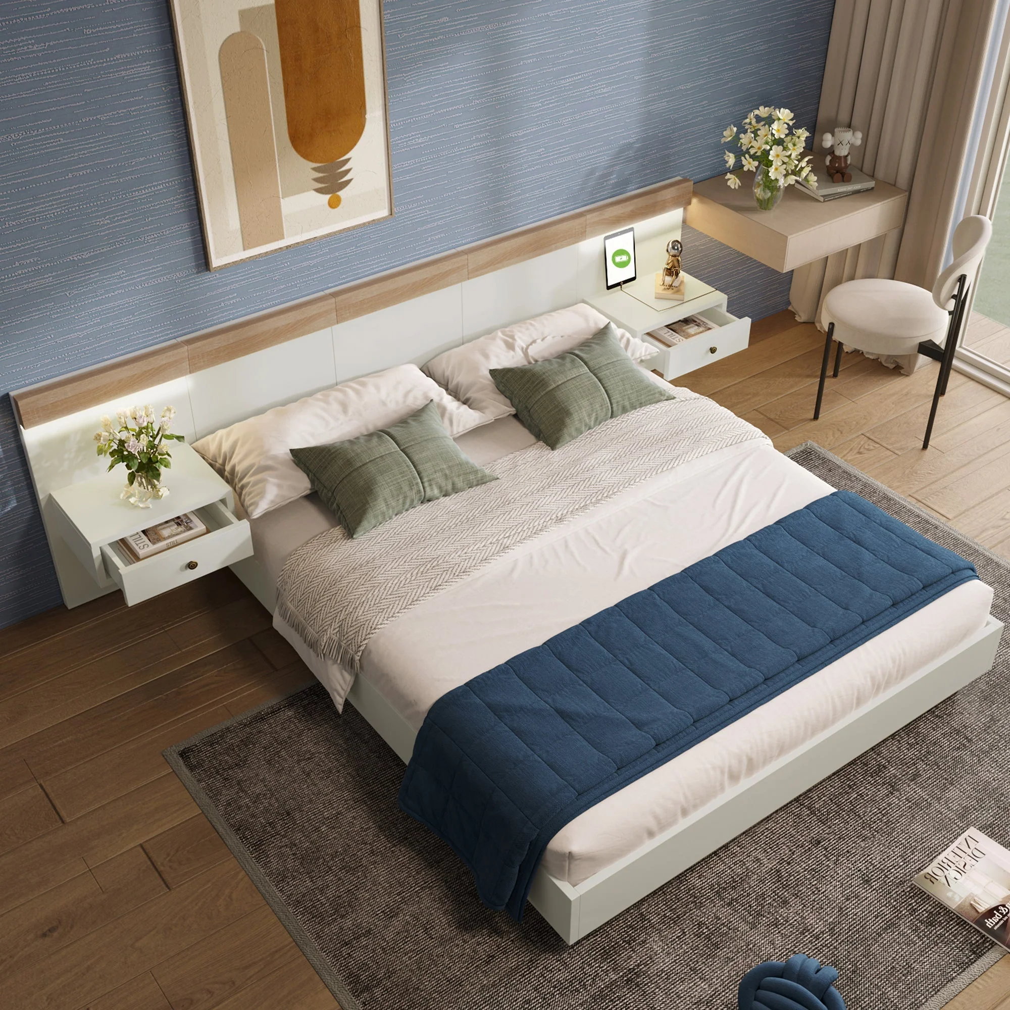Double Bed Set with 2 LED Nightstands & USB C Socket, 180 x 200 cm, Sonoma Oak/White Wood - Image 9