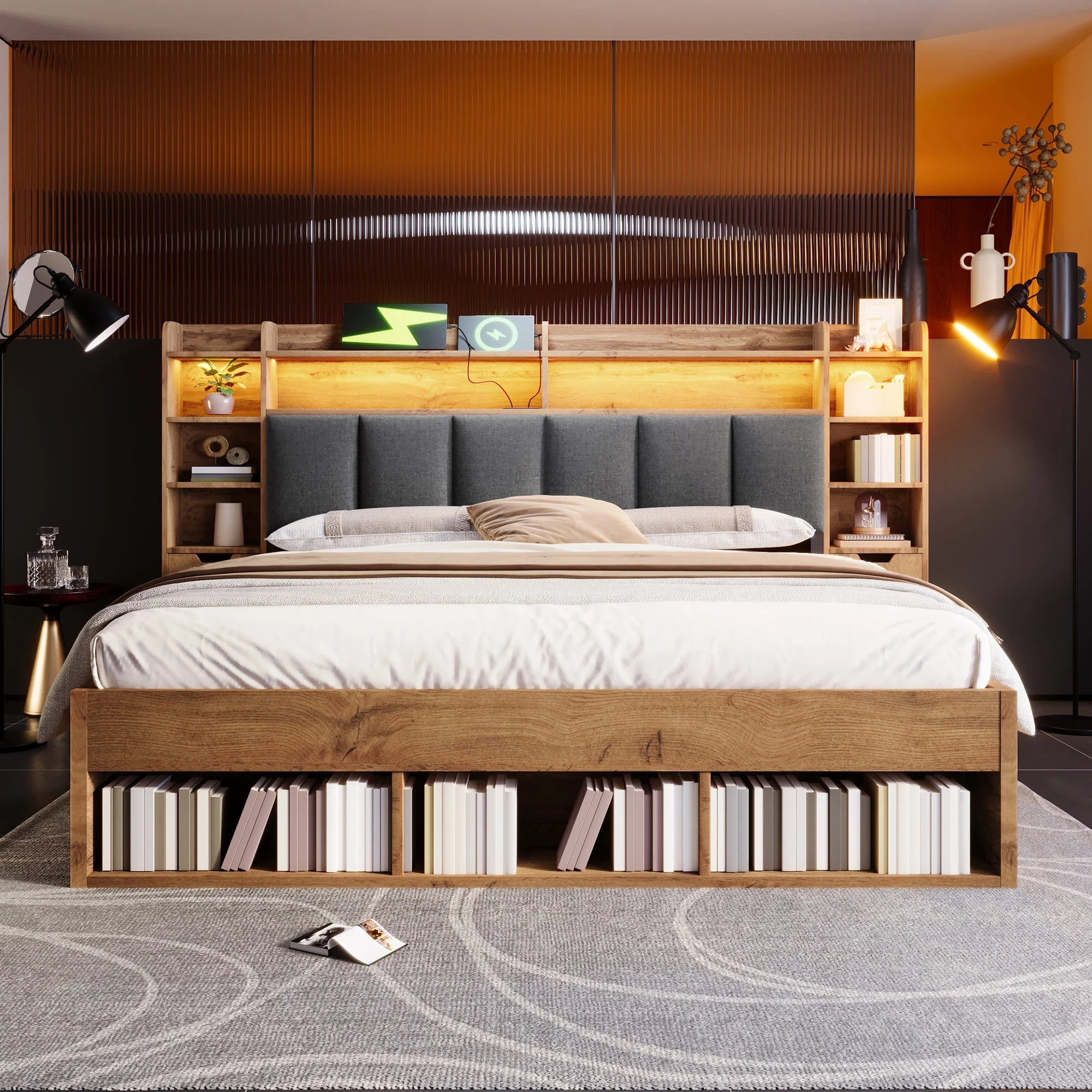 Double Bed System Bed with LED Headboard, Bedside Tables, USB Ports and Storage, 160x200cm, Oak Finish - Image 7