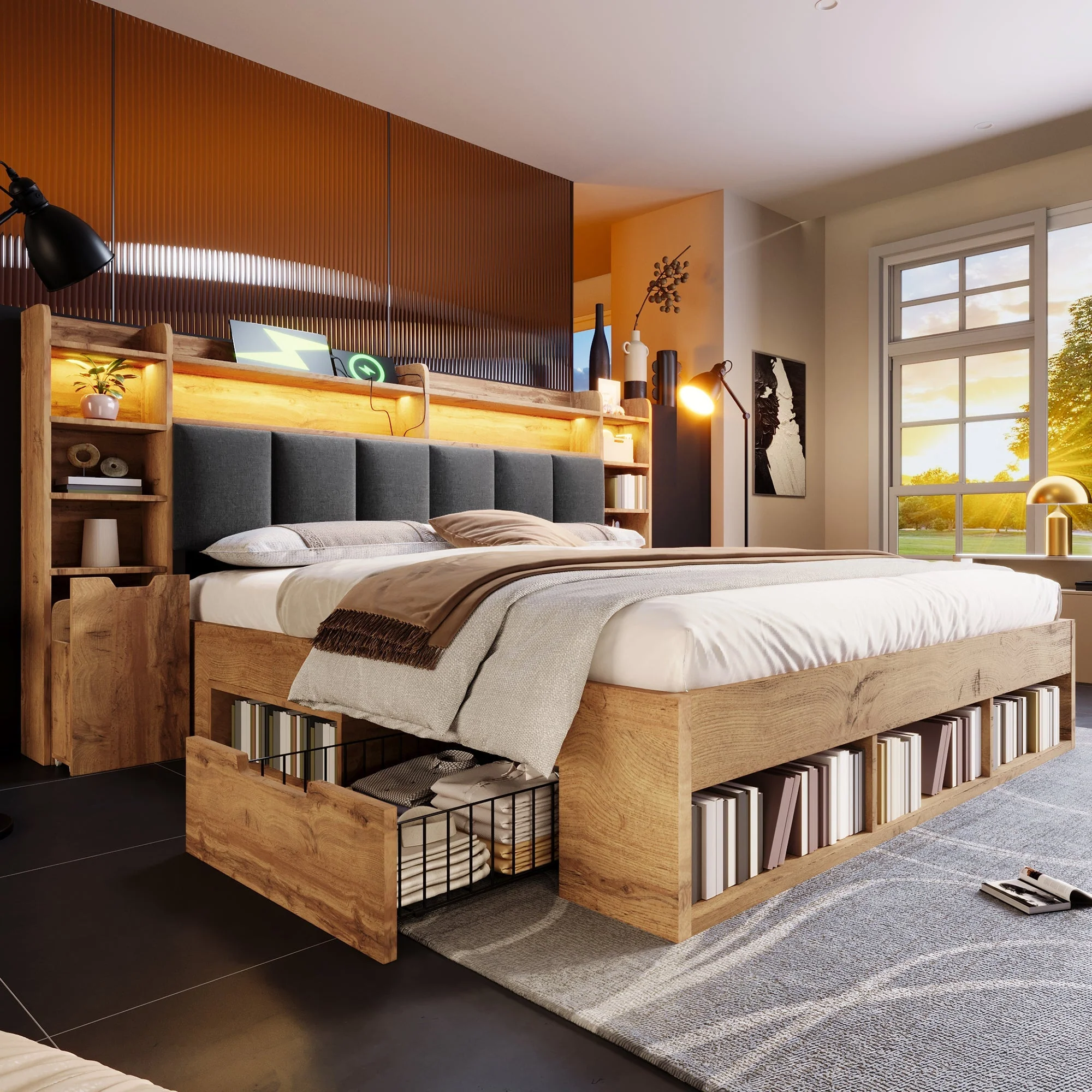 Double Bed System Bed with LED Headboard, Bedside Tables, USB Ports and Storage, 180x200cm, Oak Finish - Image 6