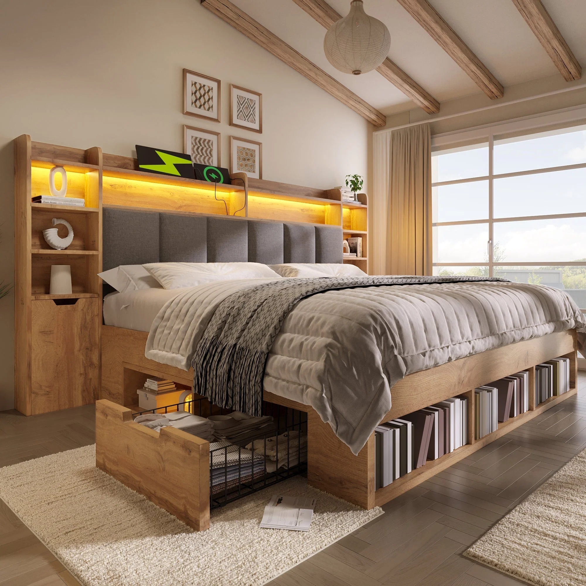 Double Bed System Bed with LED Headboard, Bedside Tables, USB Ports and Storage, 180x200cm, Oak Finish - Image 8
