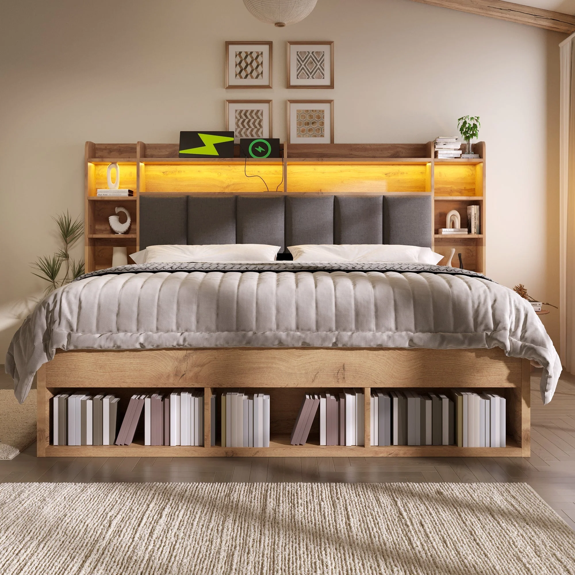 Double Bed System Bed with LED Headboard, Bedside Tables, USB Ports and Storage, 180x200cm, Oak Finish - Image 9