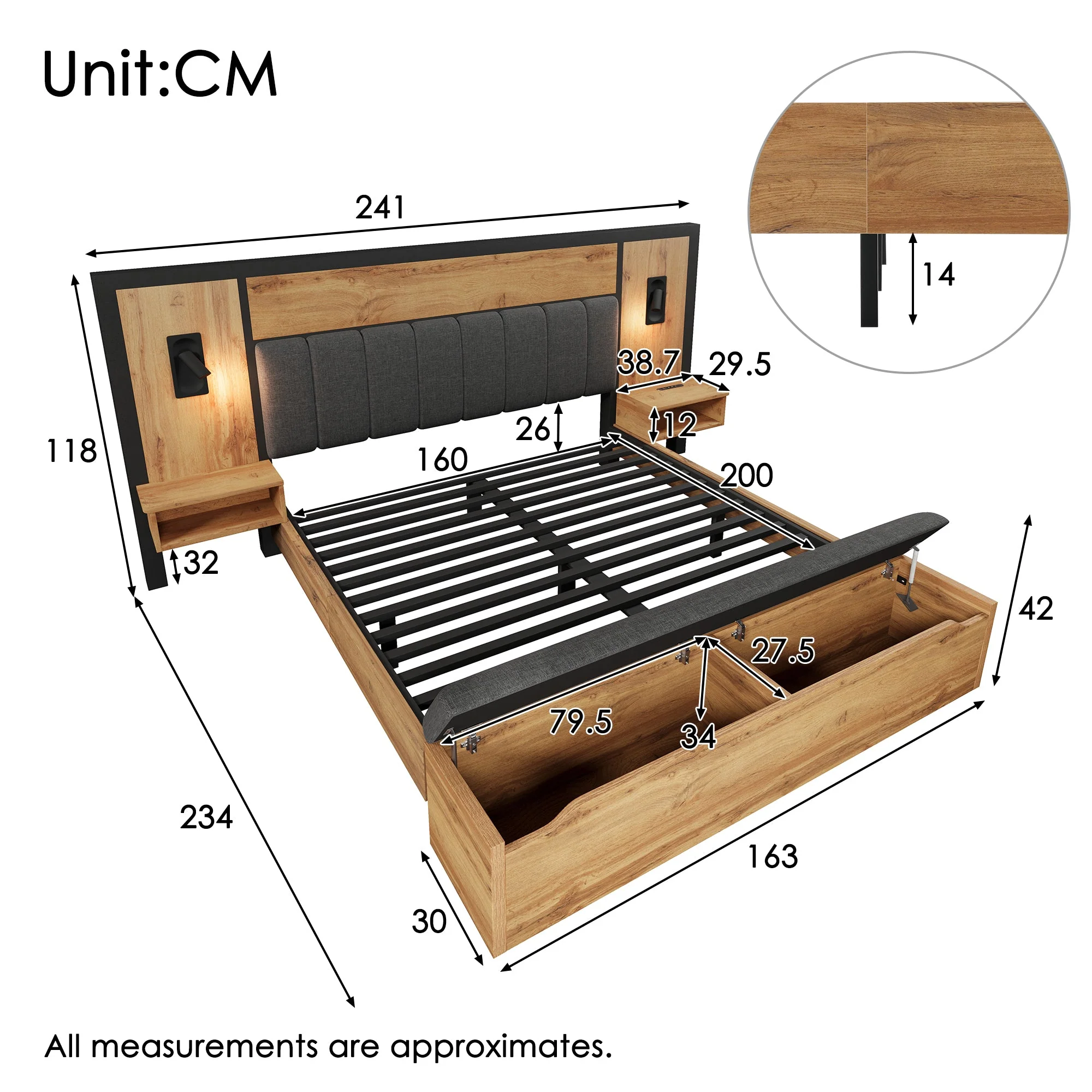 Double Bed Upholstered 160×200, Reading Lamp USB C Storage Bench, Oak Wood and Linen - Image 2
