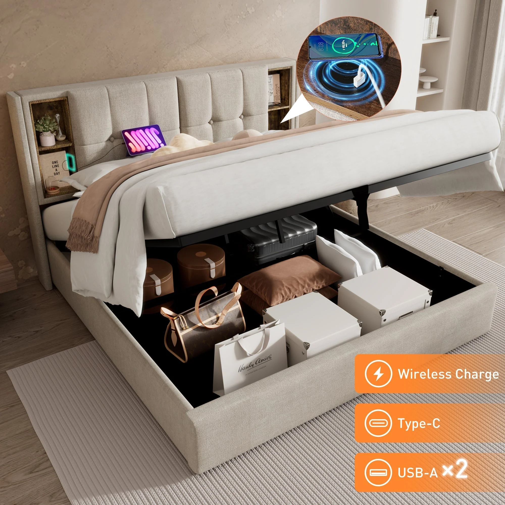 Double Bed Upholstered Frame 140x200cm, Wireless Charging USB C, Storage, Linen - Image 6