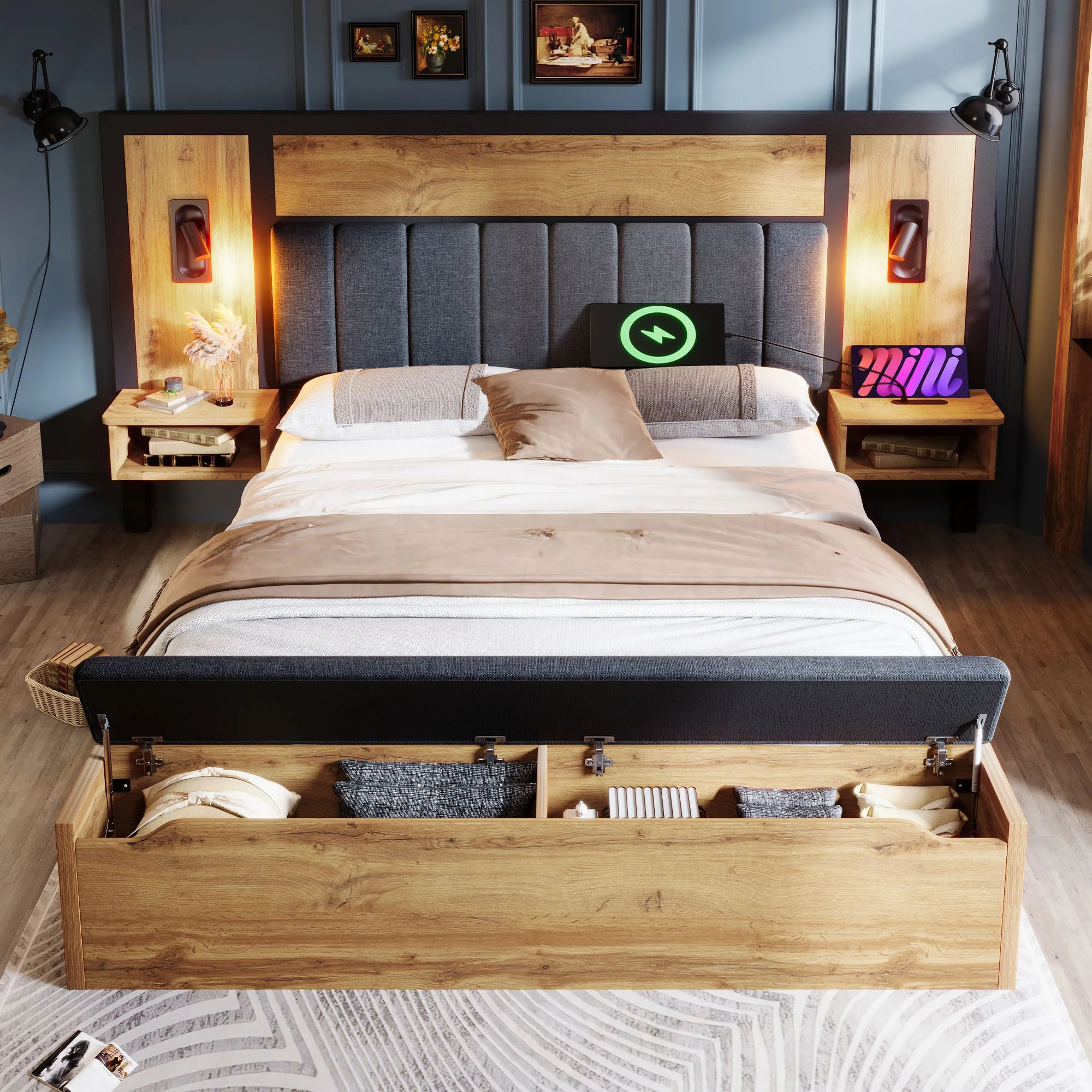 Double Bed Upholstered with Reading Lamp, USB-C, Storage Bench, 180x200cm, Oak Wood and Linen - Image 3