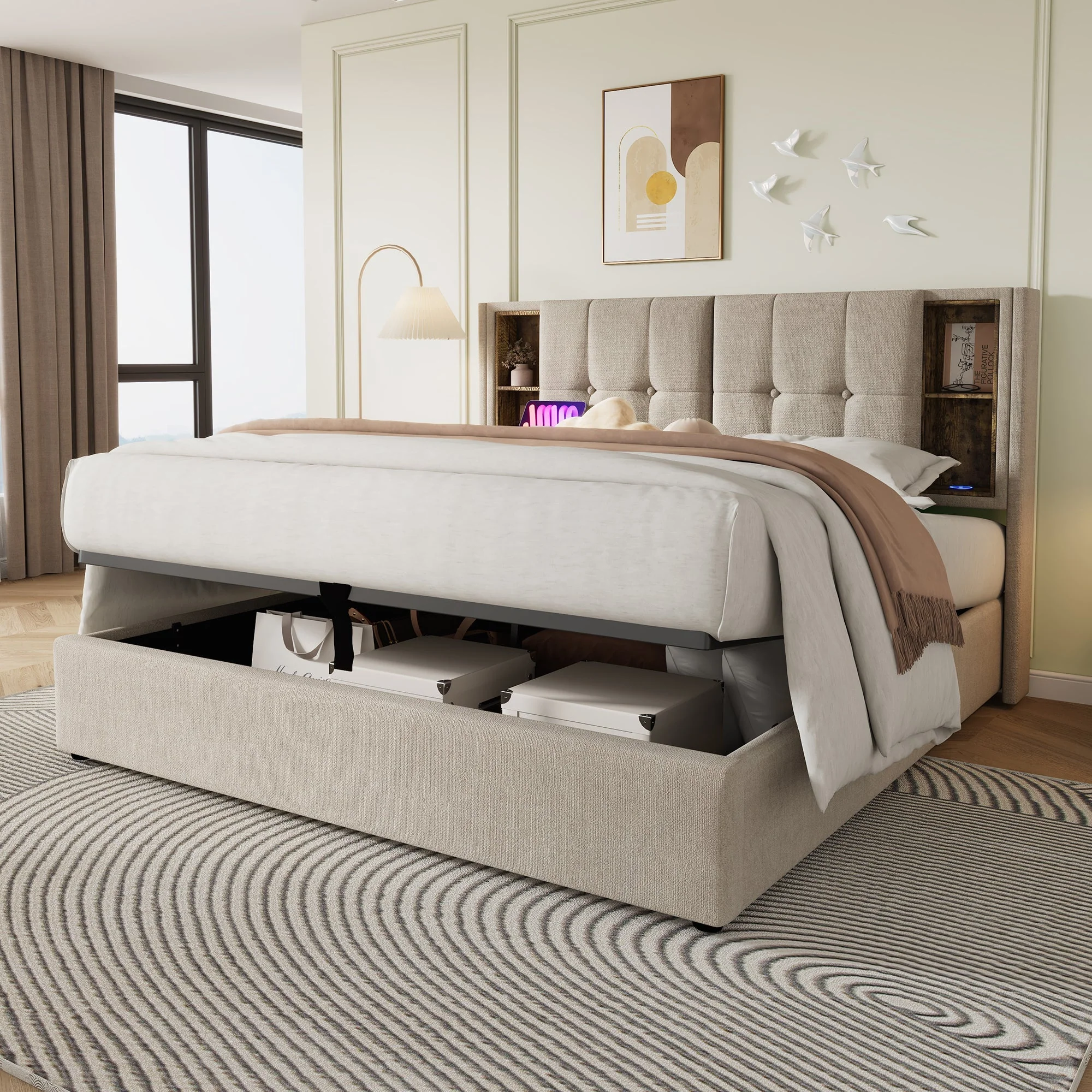 Double Bed, Wireless Charging USB C, Storage, 140x200cm, Wood-Natural Linen - Image 8