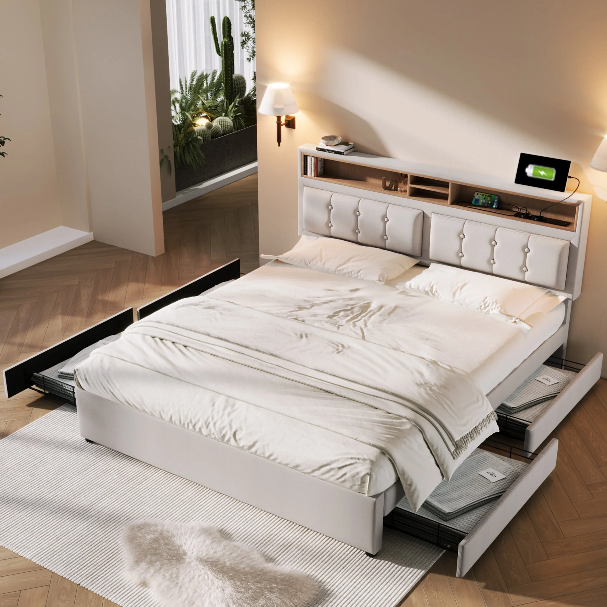 Double Bed with 4 Drawers & USB C Socket, 160x200cm, Adjustable Headboard, Wooden Slatted Frame, Upholstered - Image 2