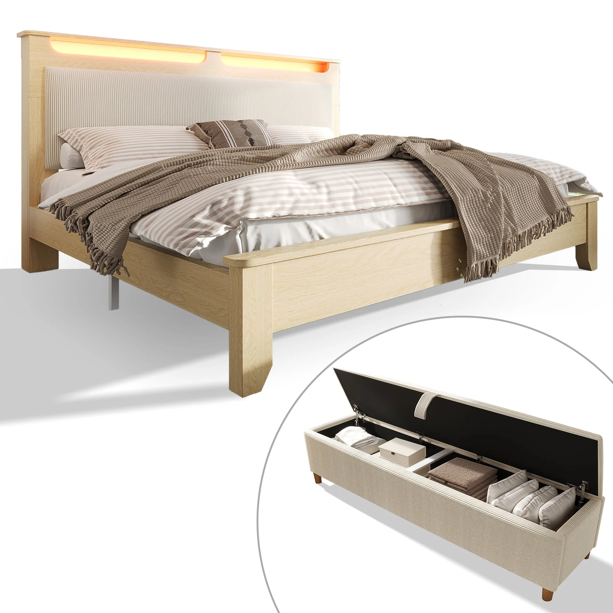 Double Bed with Bench, Headboard Storage & LED, Light Oak