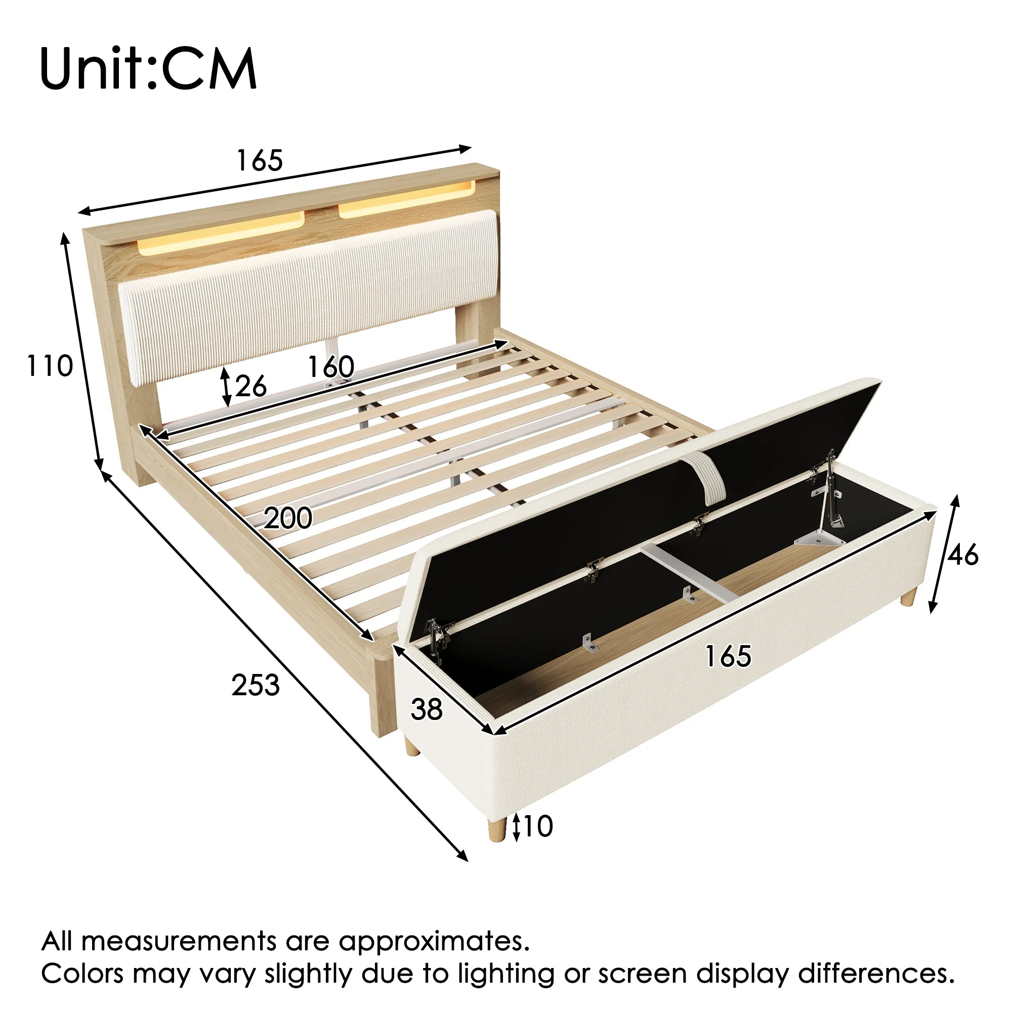 Double Bed with Bench, Headboard Storage & LED, Light Oak - Image 2