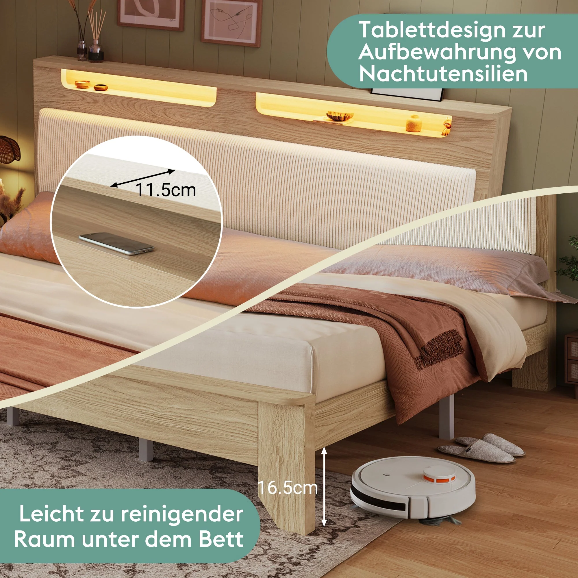 Double Bed with Bench, Headboard Storage & LED, Light Oak - Image 3