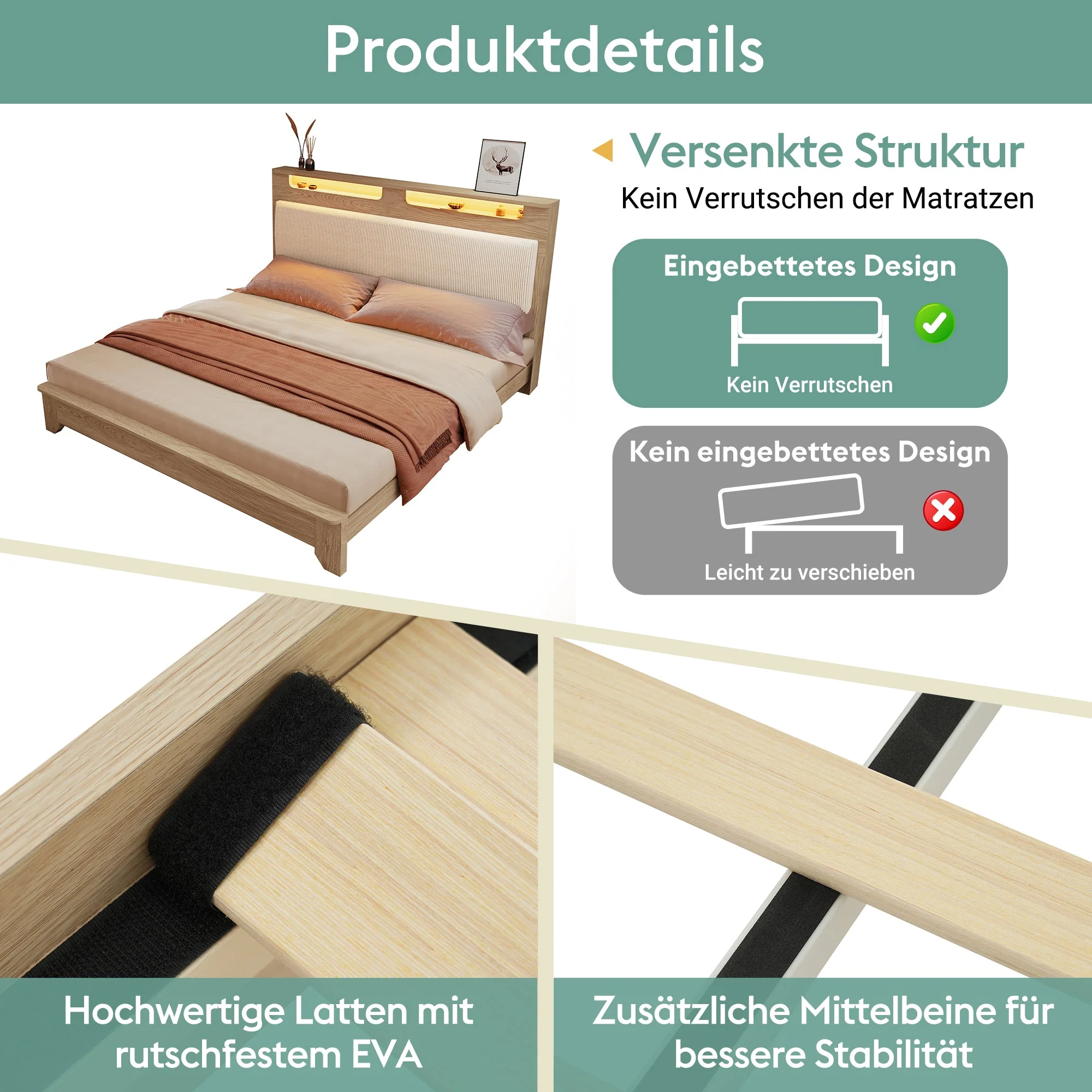 Double Bed with Bench, Headboard Storage & LED, Light Oak - Image 5