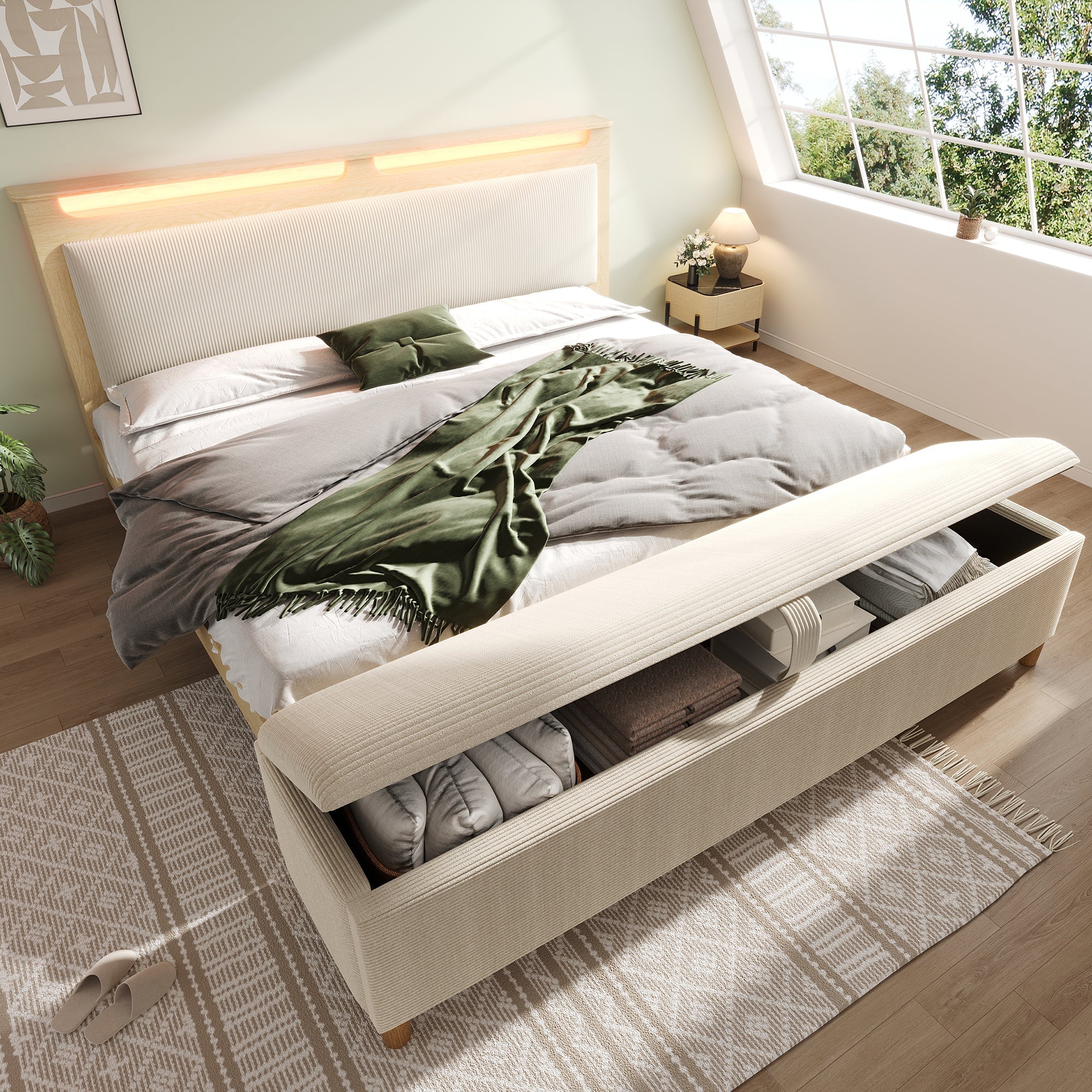 Double Bed with Bench, Headboard Storage & LED, Light Oak - Image 6