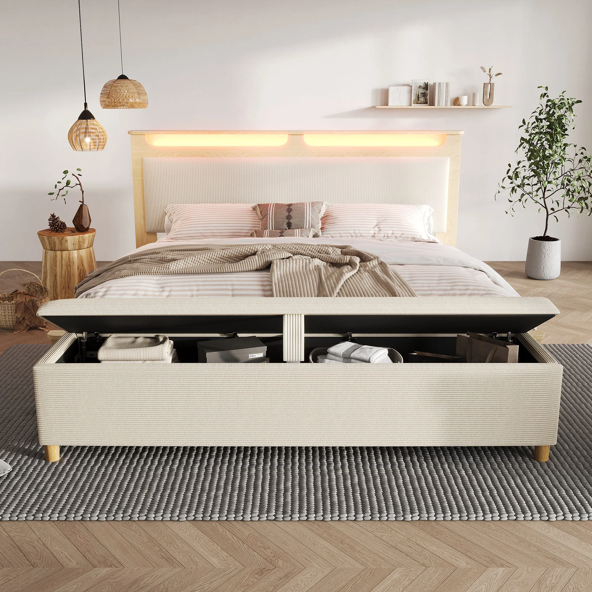 Double Bed with Bench, Headboard Storage & LED, Light Oak - Image 7