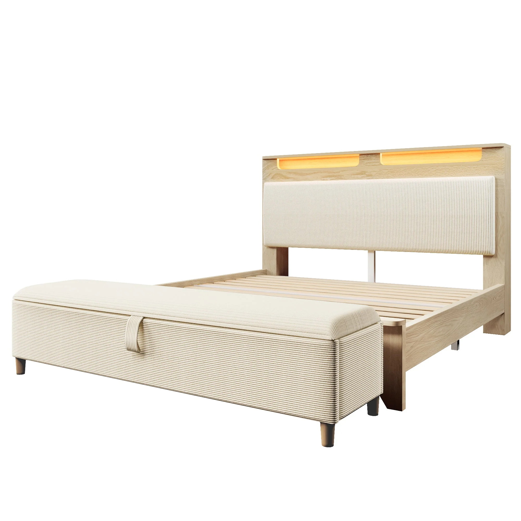 Double Bed with Bench, Headboard Storage & LED, Light Oak - Image 8
