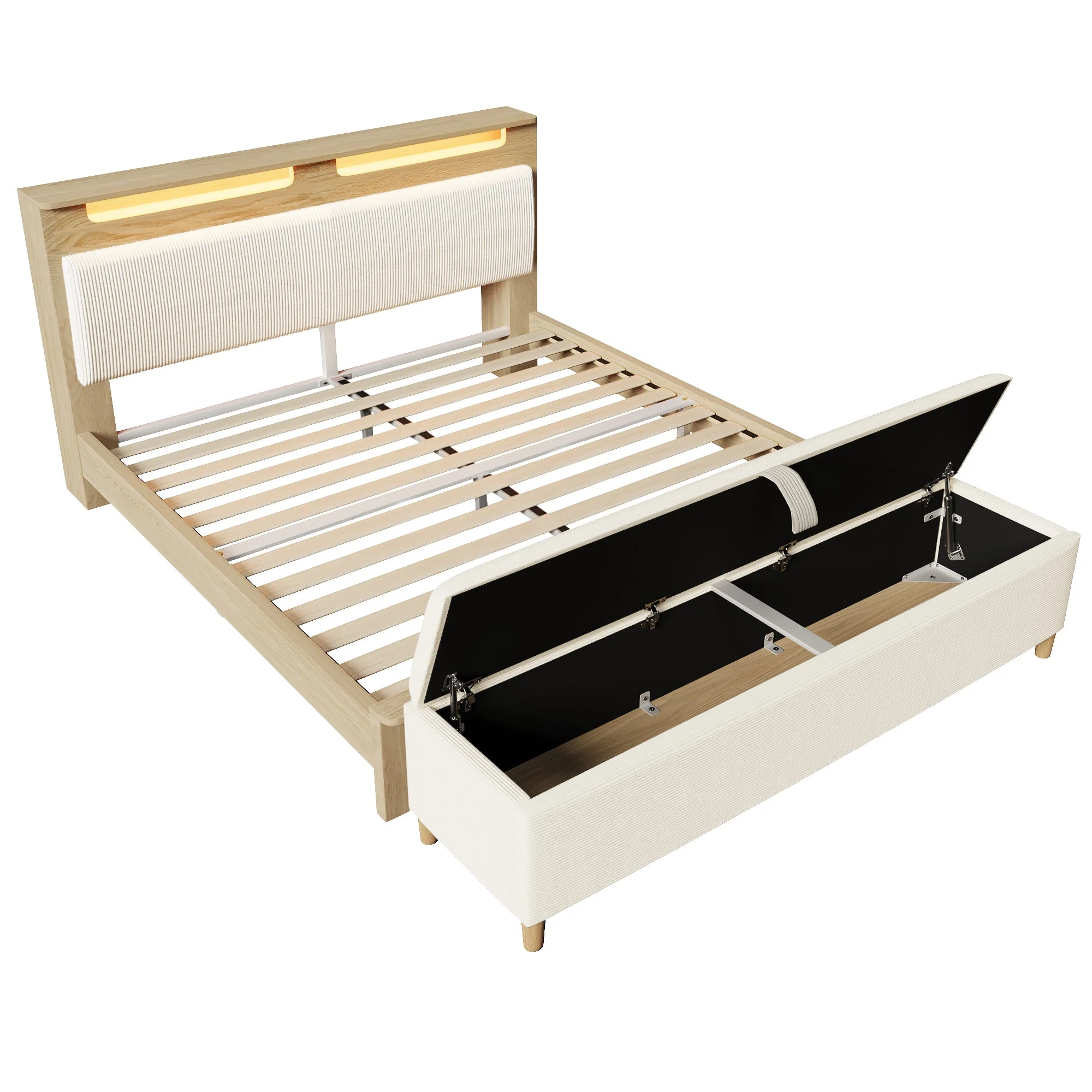 Double Bed with Bench, Headboard Storage & LED, Light Oak - Image 9