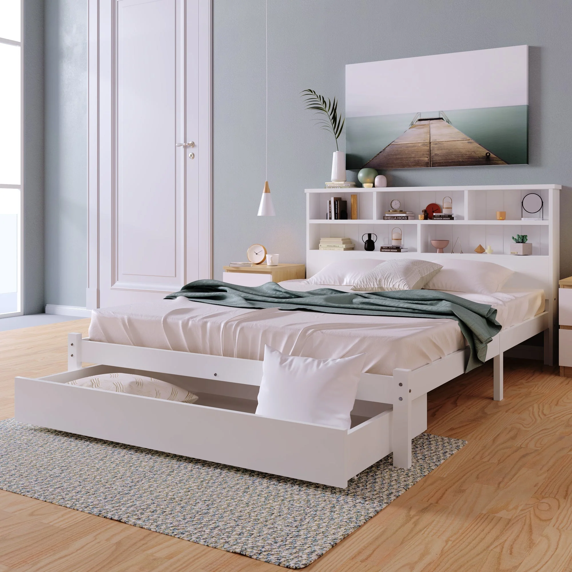 Double Bed with Drawers, Slatted Frame & Bookcase, 140x200cm White Solid Wood - Image 10