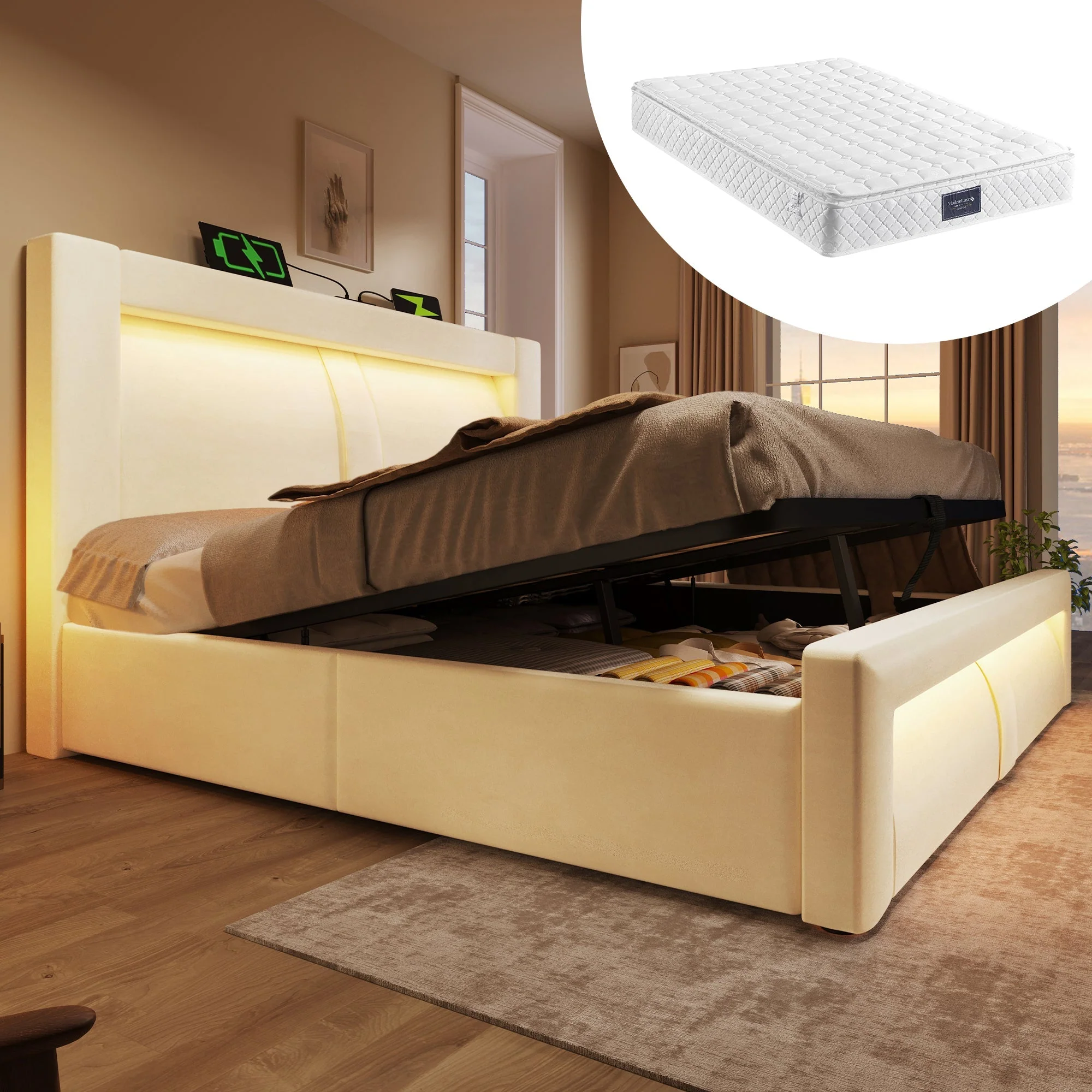 Double Bed with Hydraulic Storage, LED Lighting and Charging Ports, Beige Velvet