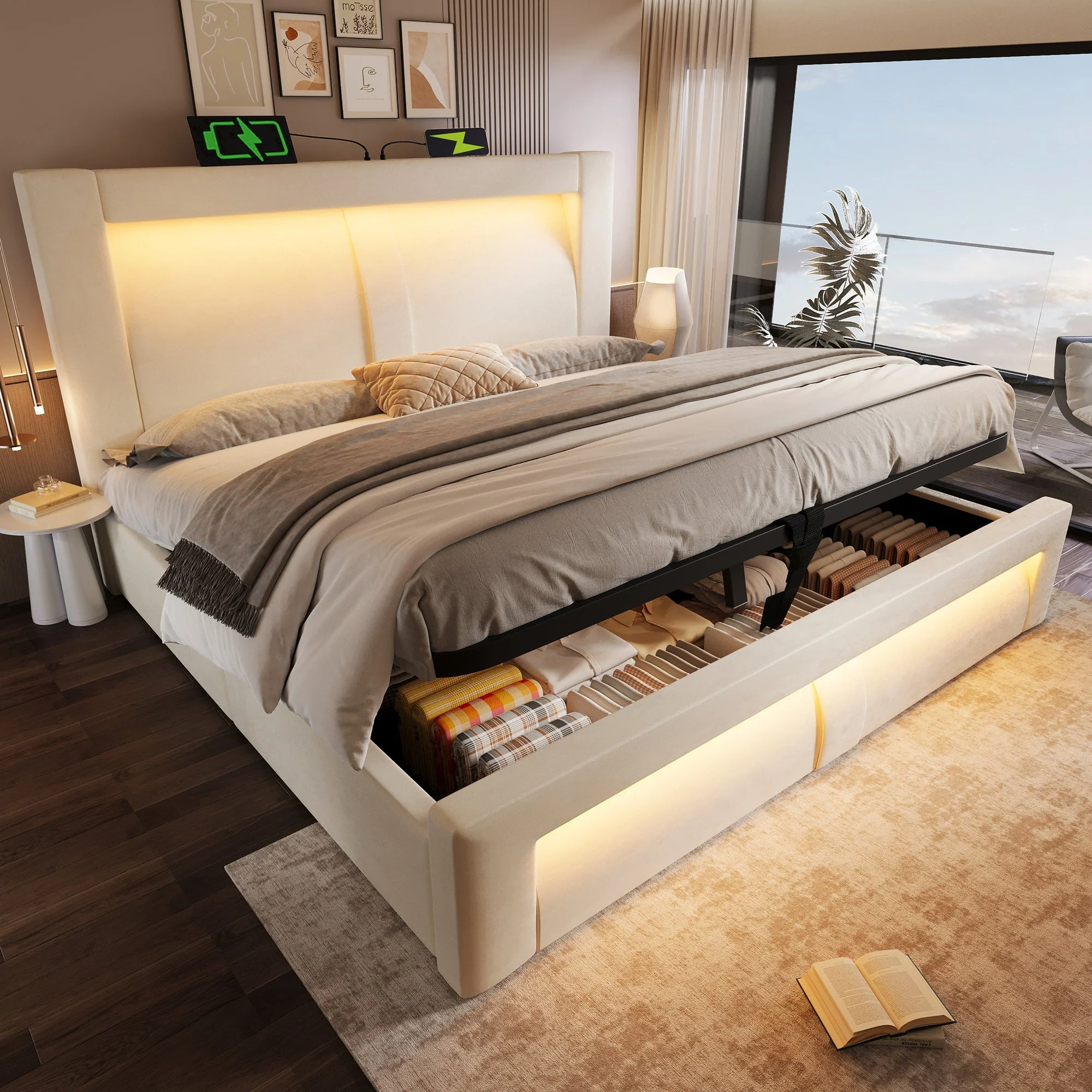Double Bed with Hydraulic Storage, LED Lighting and Charging Ports, Beige Velvet - Image 10