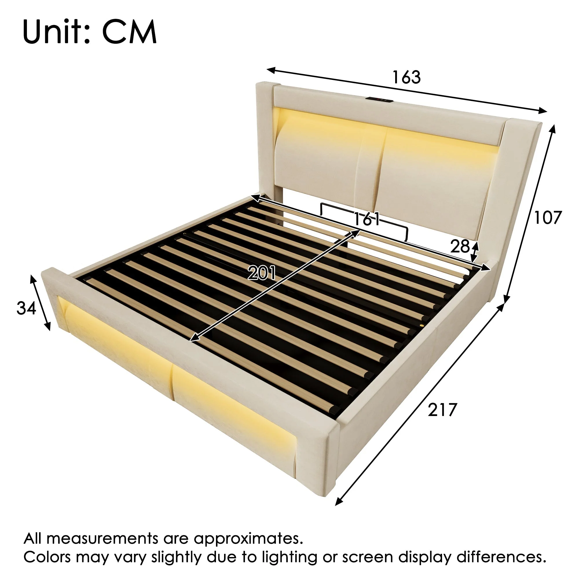Double Bed with Hydraulic Storage, LED Lighting and Charging Ports, Beige Velvet - Image 2