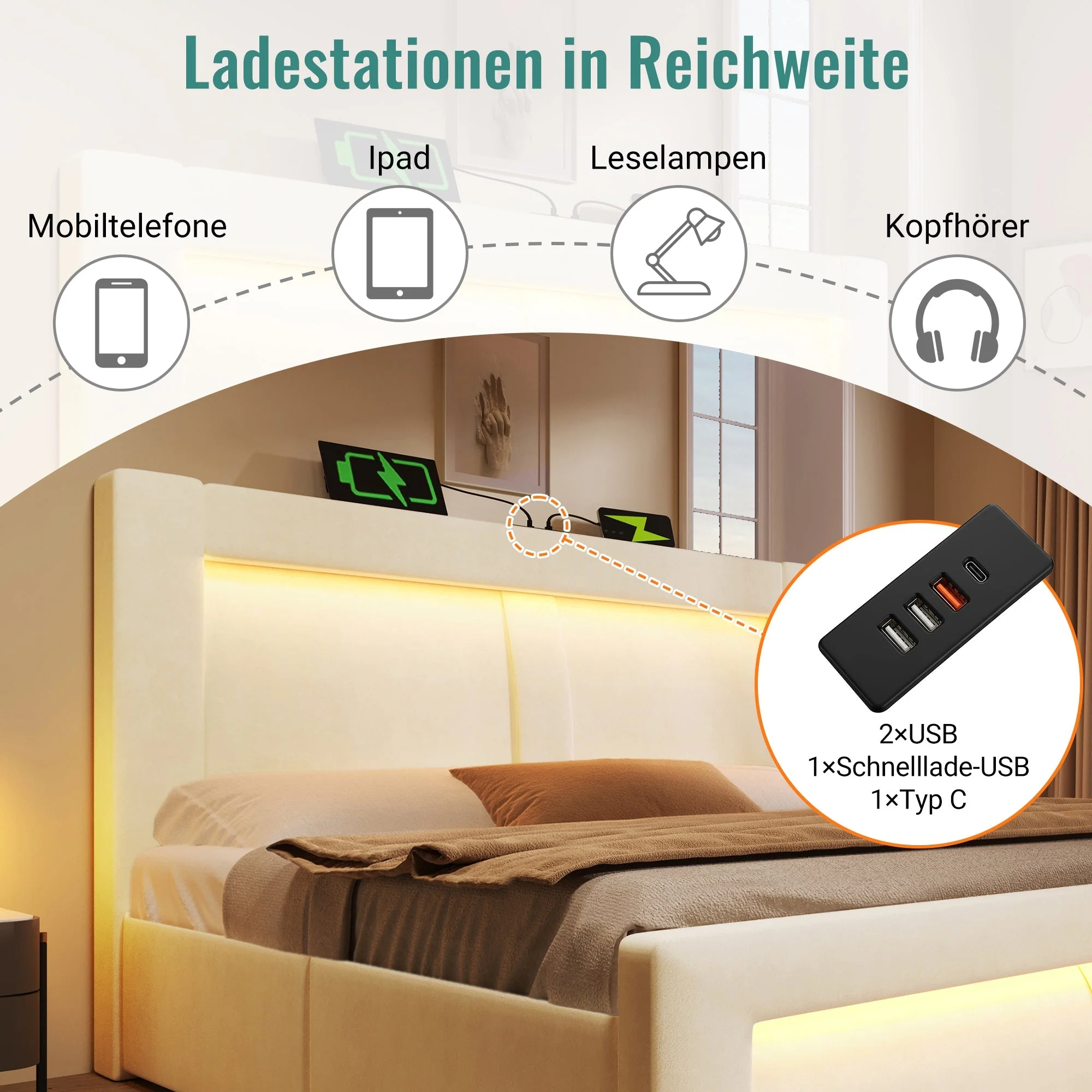 Double Bed with Hydraulic Storage, LED Lighting and Charging Ports, Beige Velvet - Image 3