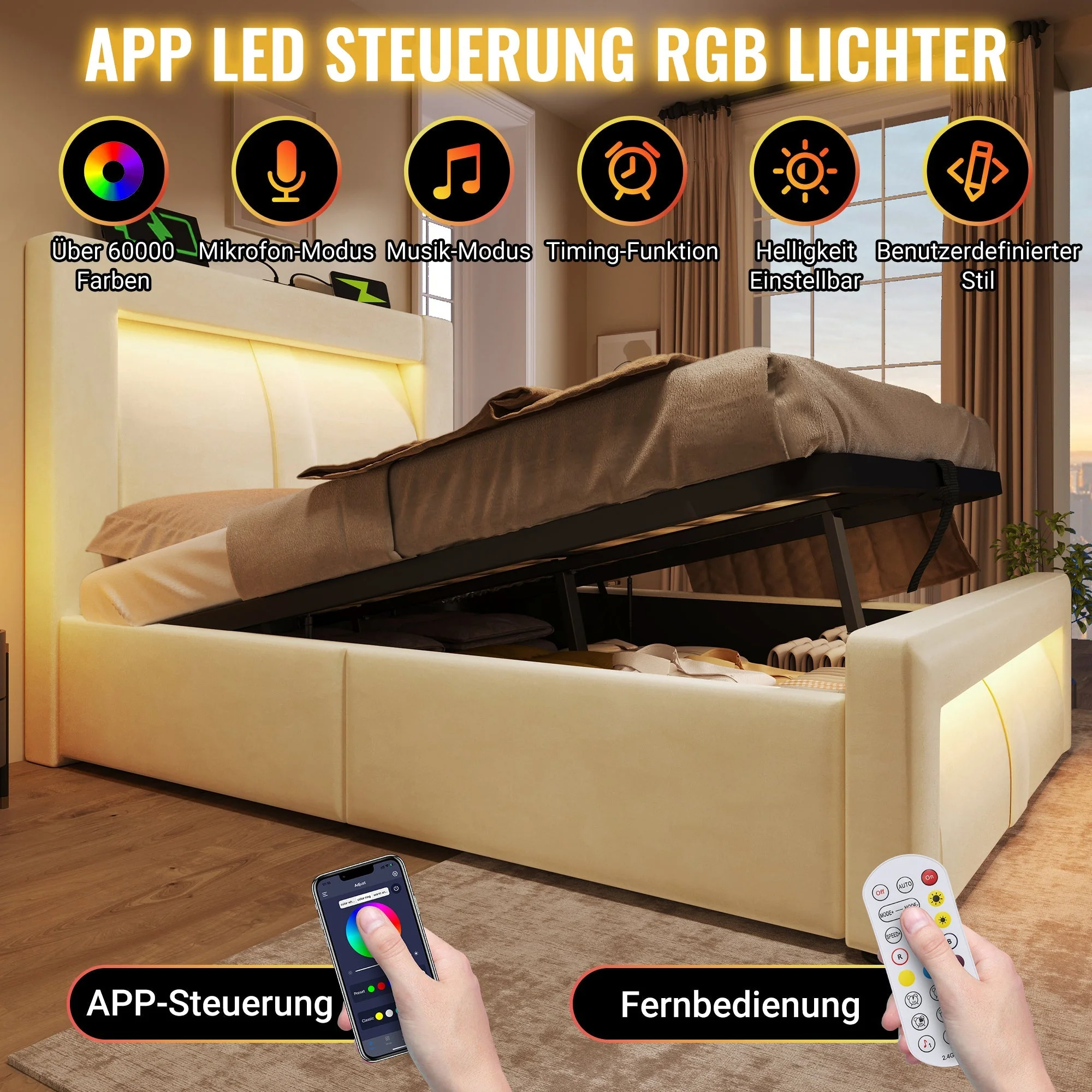 Double Bed with Hydraulic Storage, LED Lighting and Charging Ports, Beige Velvet - Image 4