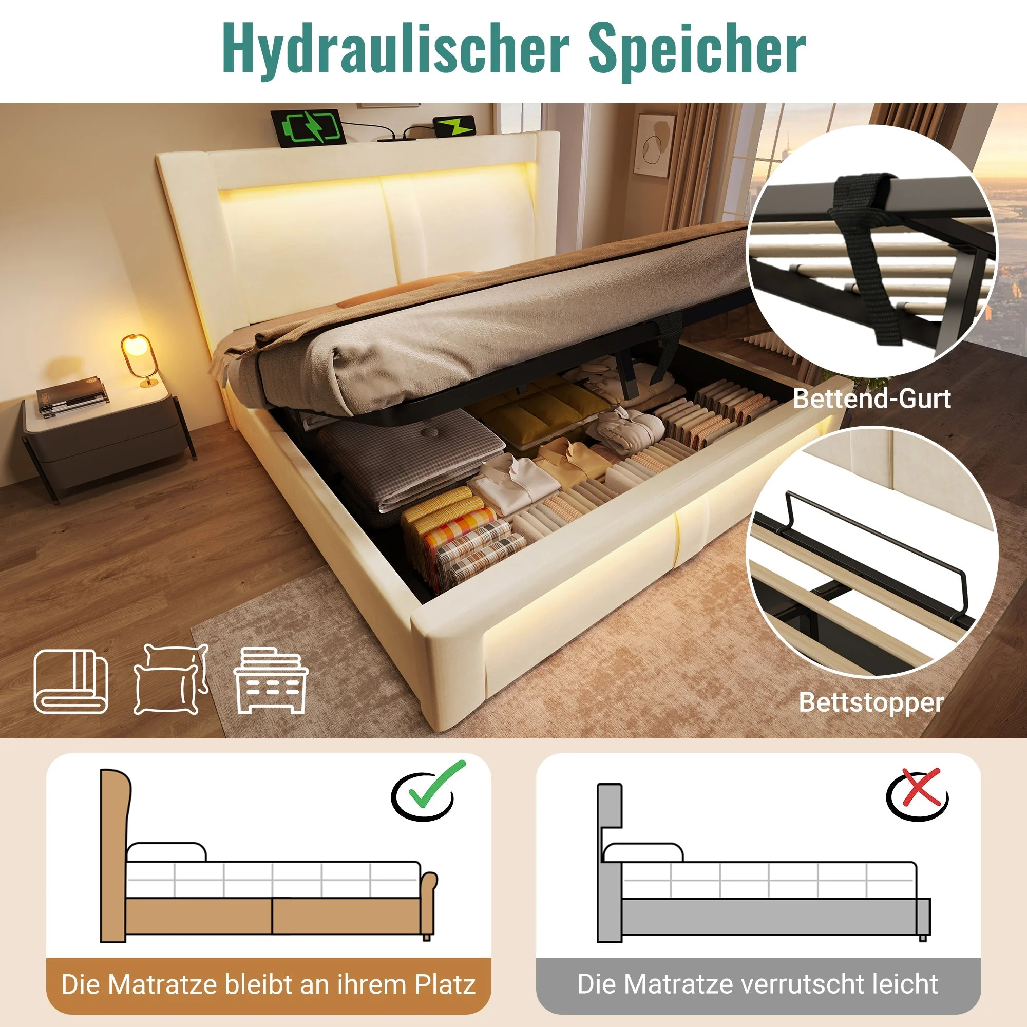Double Bed with Hydraulic Storage, LED Lighting and Charging Ports, Beige Velvet - Image 5