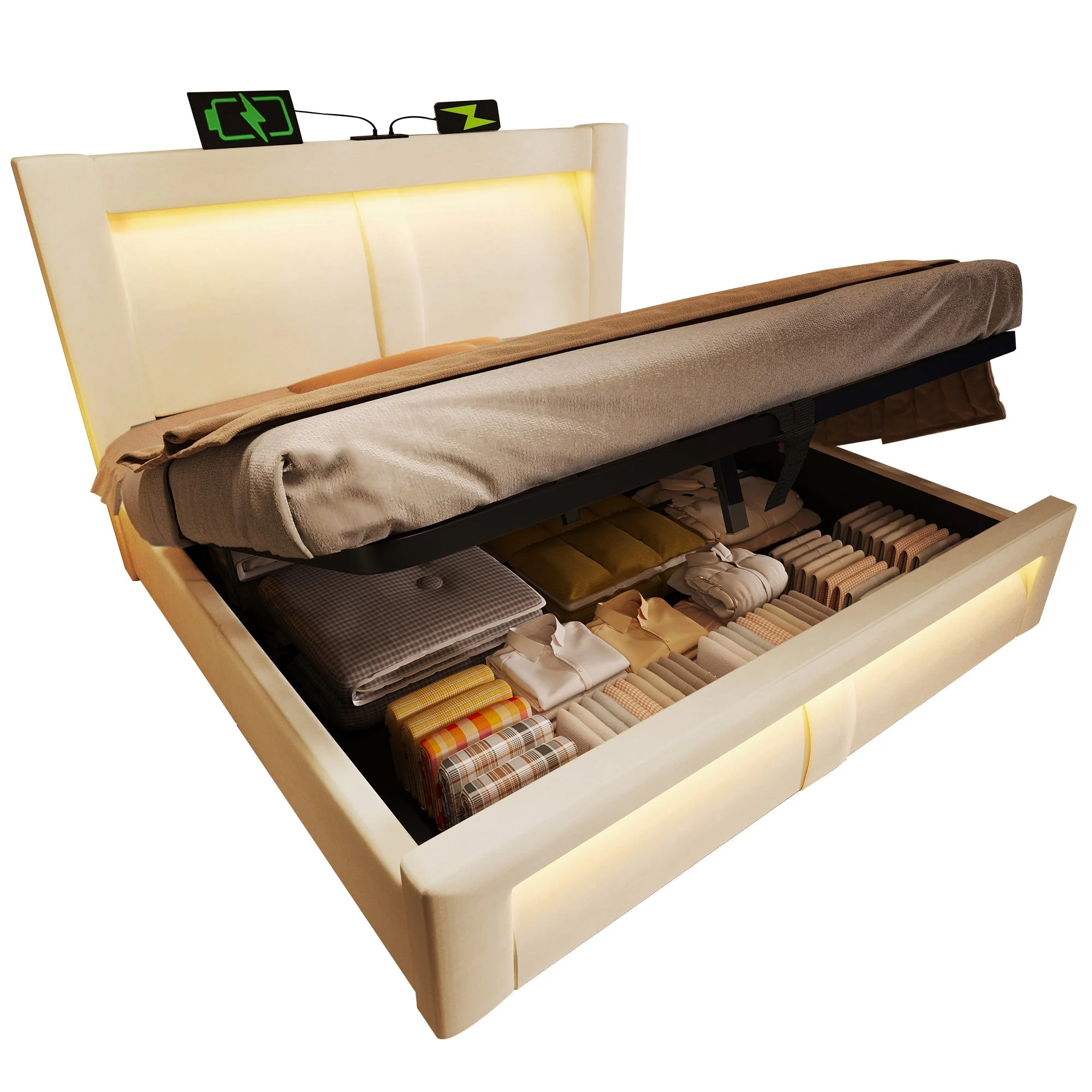 Double Bed with Hydraulic Storage, LED Lighting and Charging Ports, Beige Velvet - Image 6