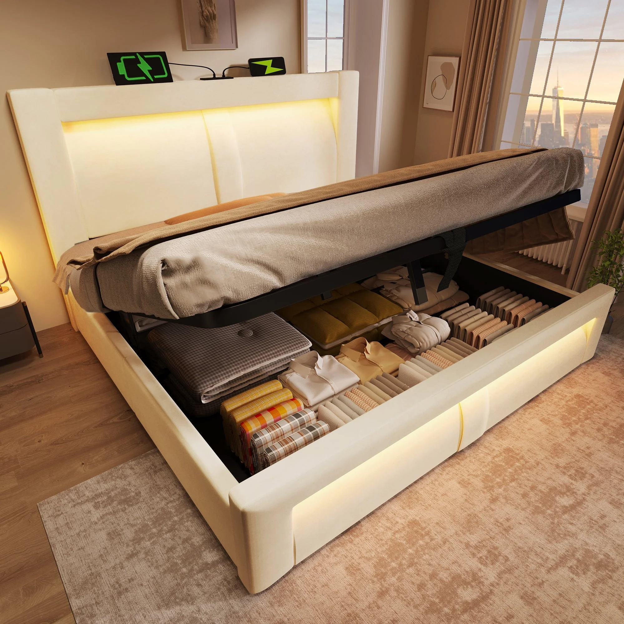 Double Bed with Hydraulic Storage, LED Lighting and Charging Ports, Beige Velvet - Image 7