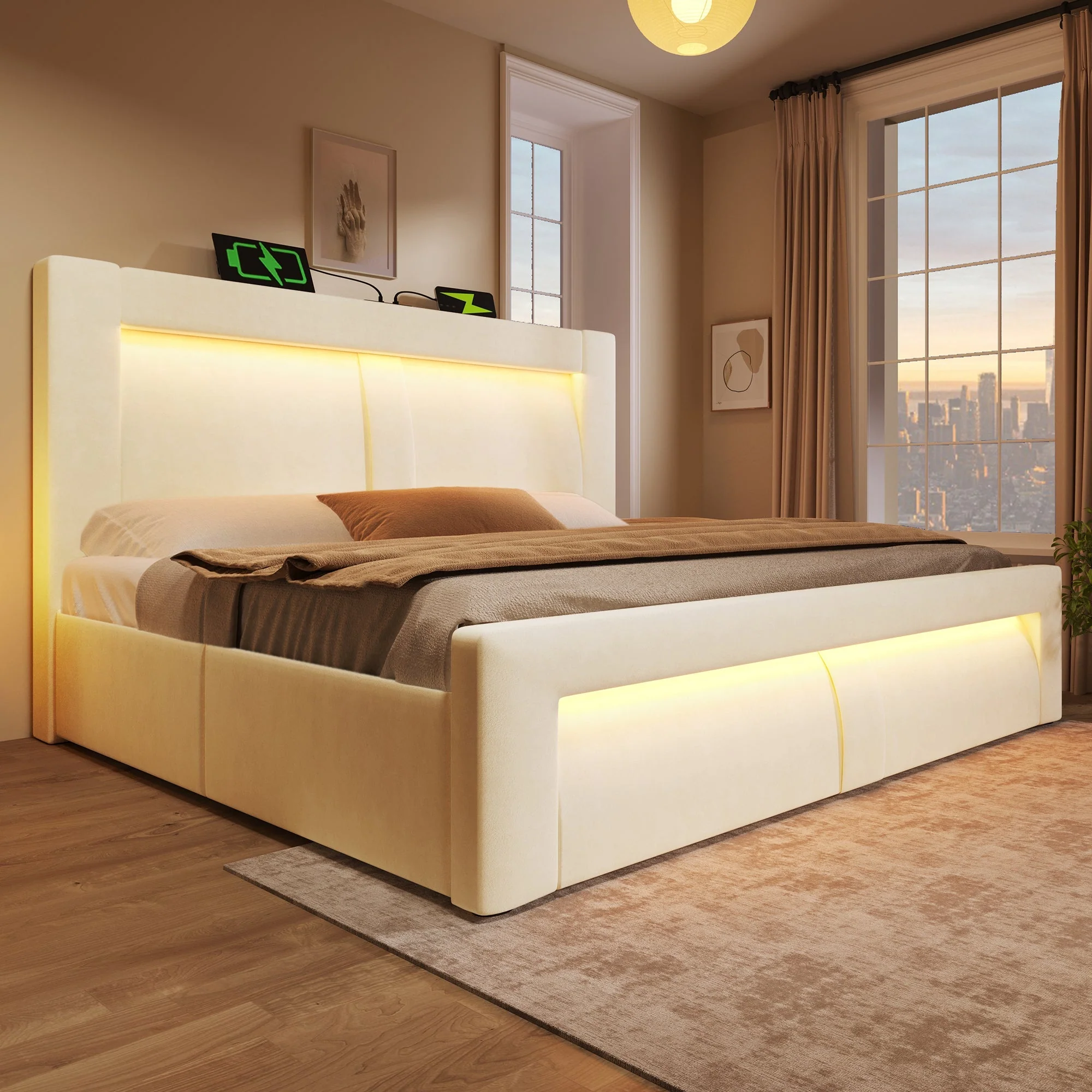 Double Bed with Hydraulic Storage, LED Lighting and Charging Ports, Beige Velvet - Image 8
