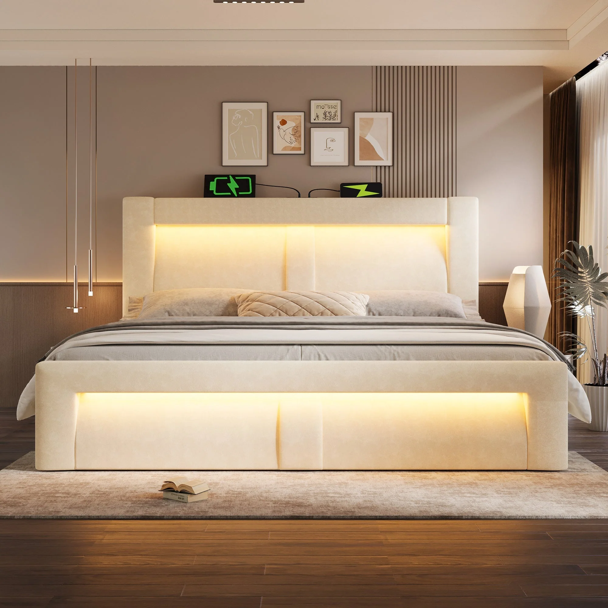 Double Bed with Hydraulic Storage, LED Lighting and Charging Ports, Beige Velvet - Image 9