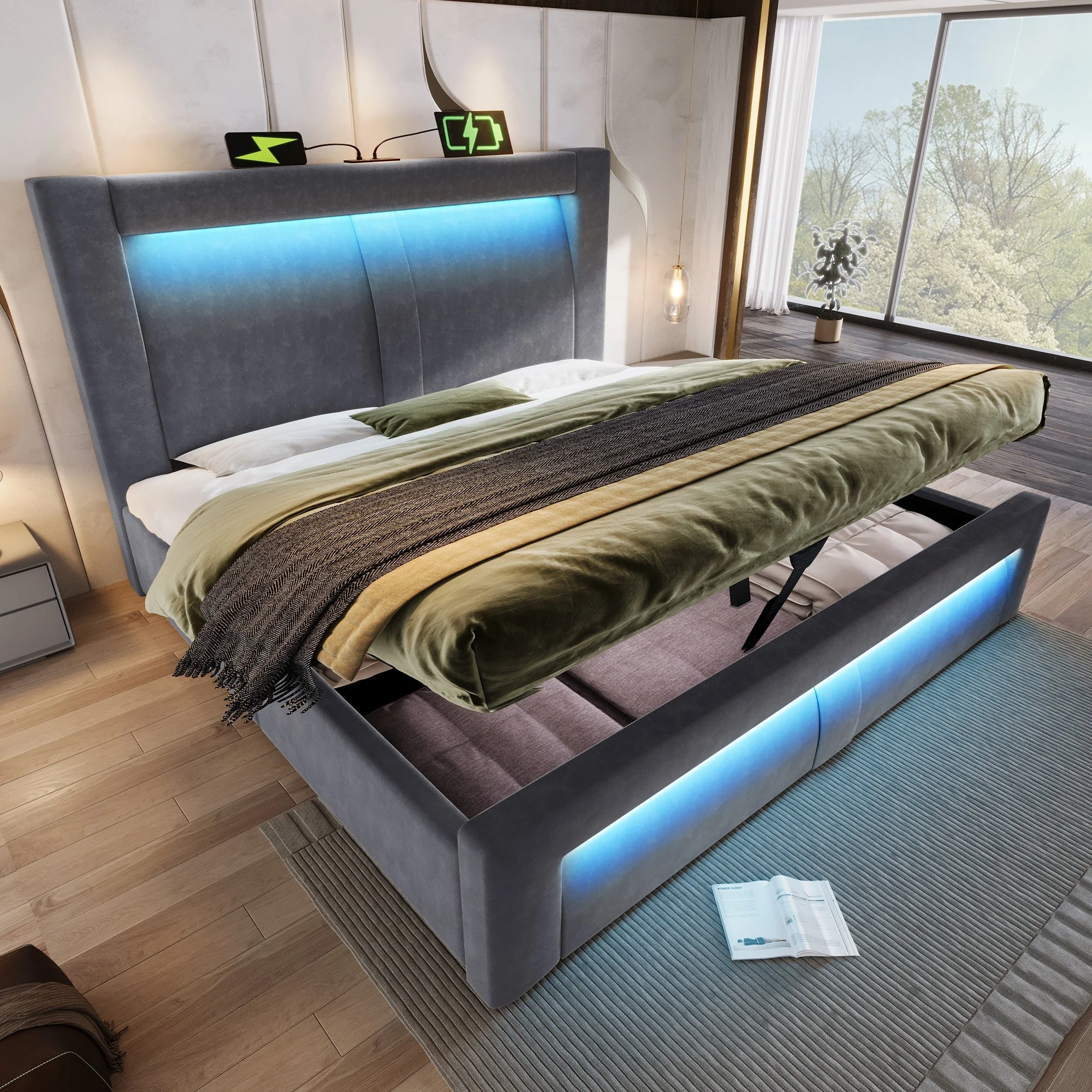 Double Bed with Hydraulic Storage, LED Lighting and USB Charging, Grey Velvet