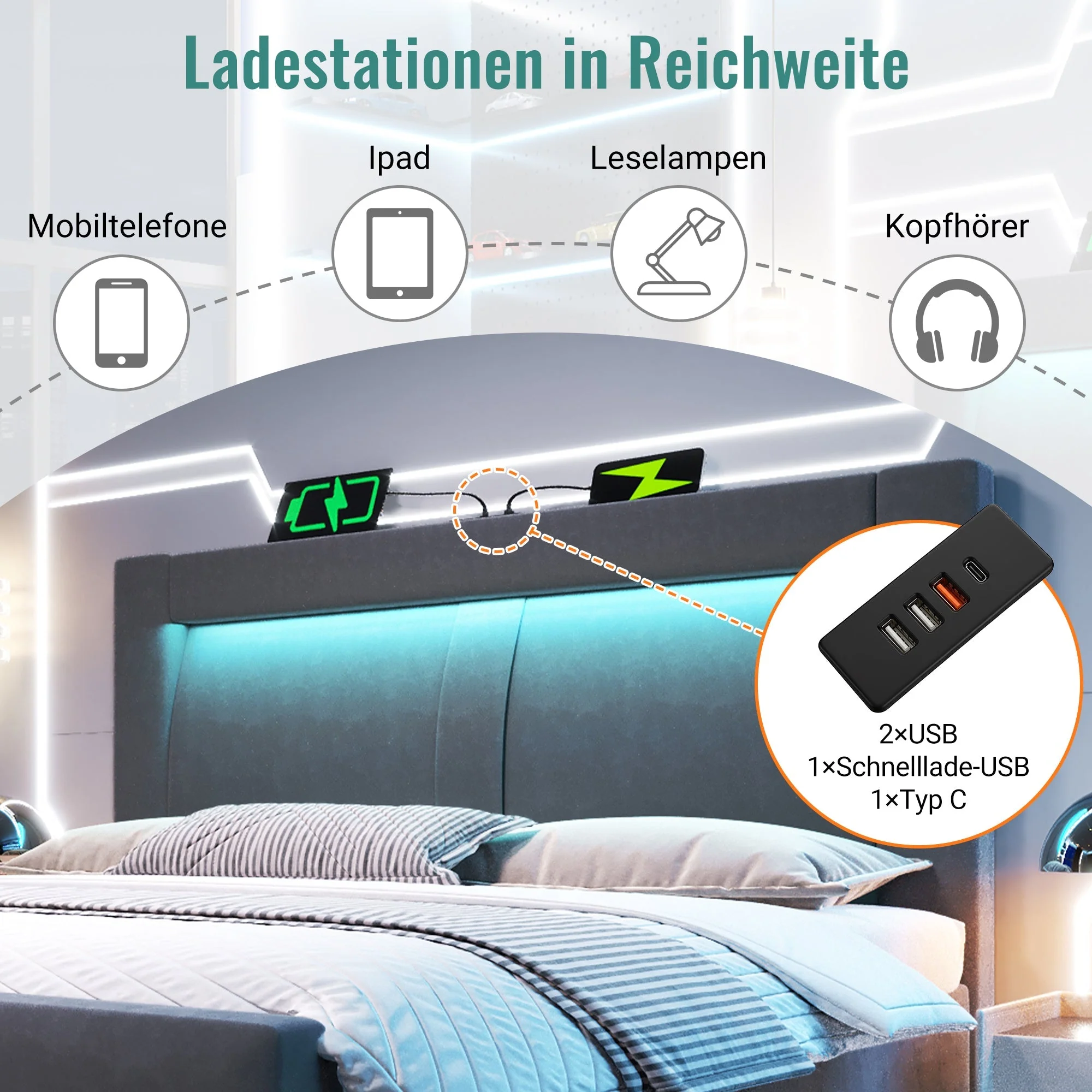 Double Bed with Hydraulic Storage, LED Lighting and USB Charging, Grey Velvet - Image 5
